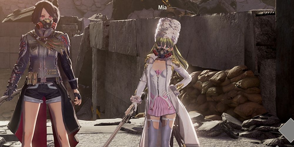 Code Vein Mia in an alternate costume with a white coat and hat