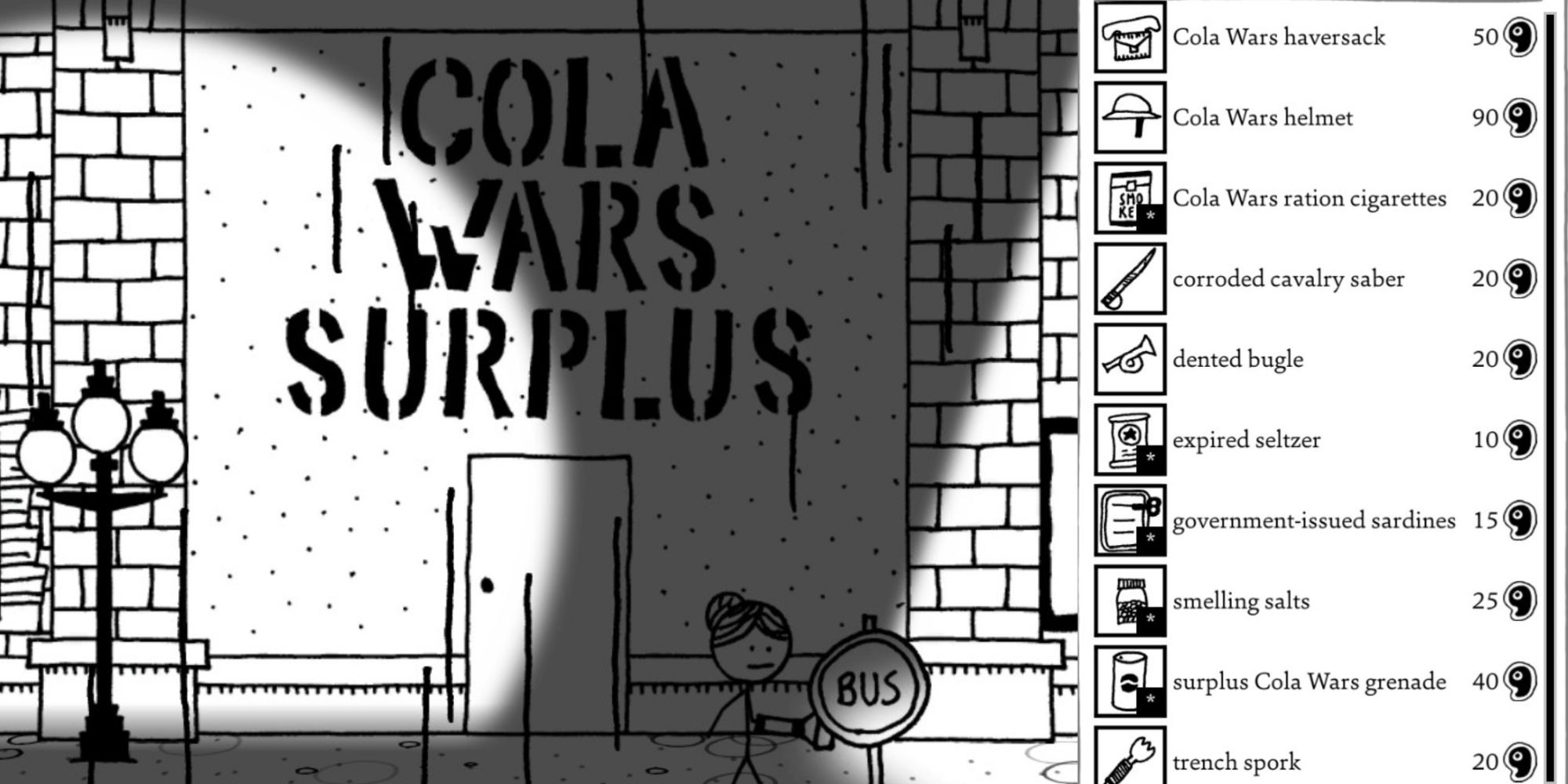 A split image showing a character outside the Cola Wars Surplus store and the shop menu in Shadows Over Loathing