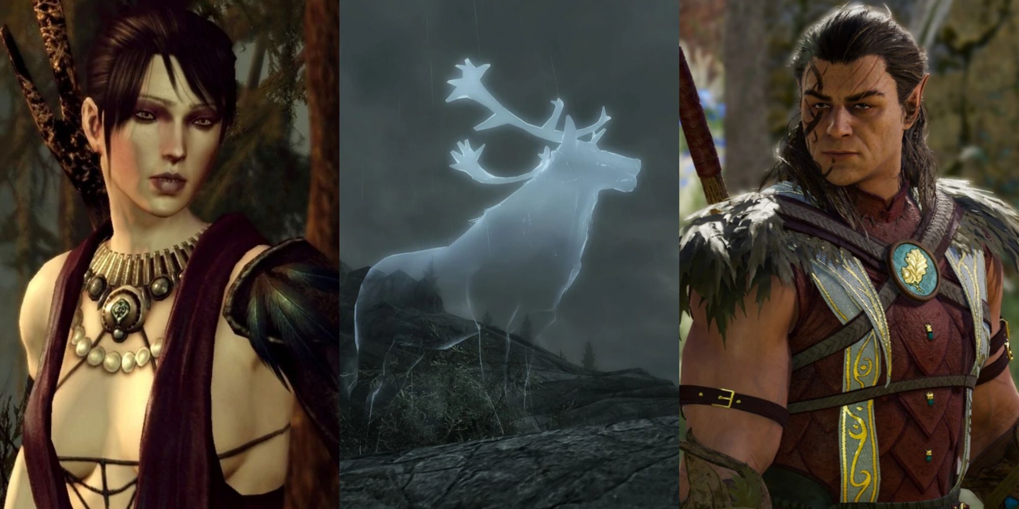 Collage of Druid Representations - Morrigan from Dragon Age, Hircine Aspect from Skyrim, Halsin from Baldur's Gate 3