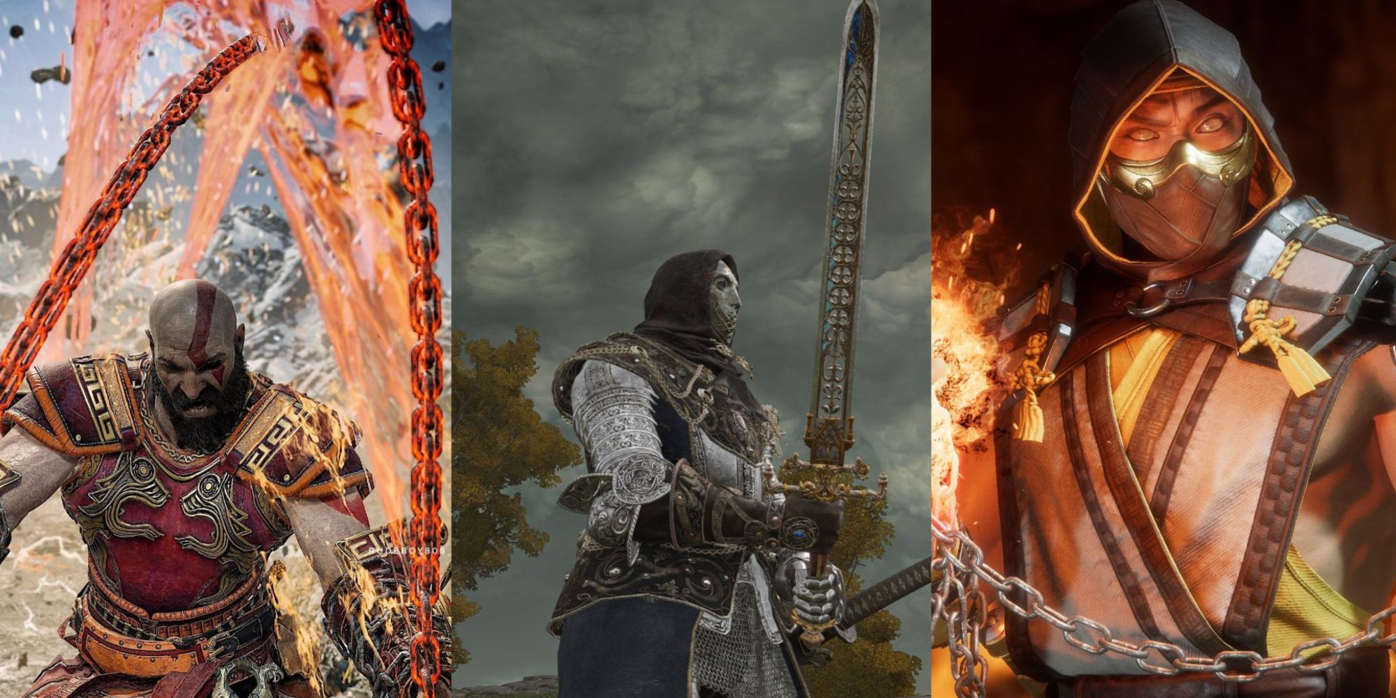 Kratos, the Tarnished, and Scorpion wielding fire weapons