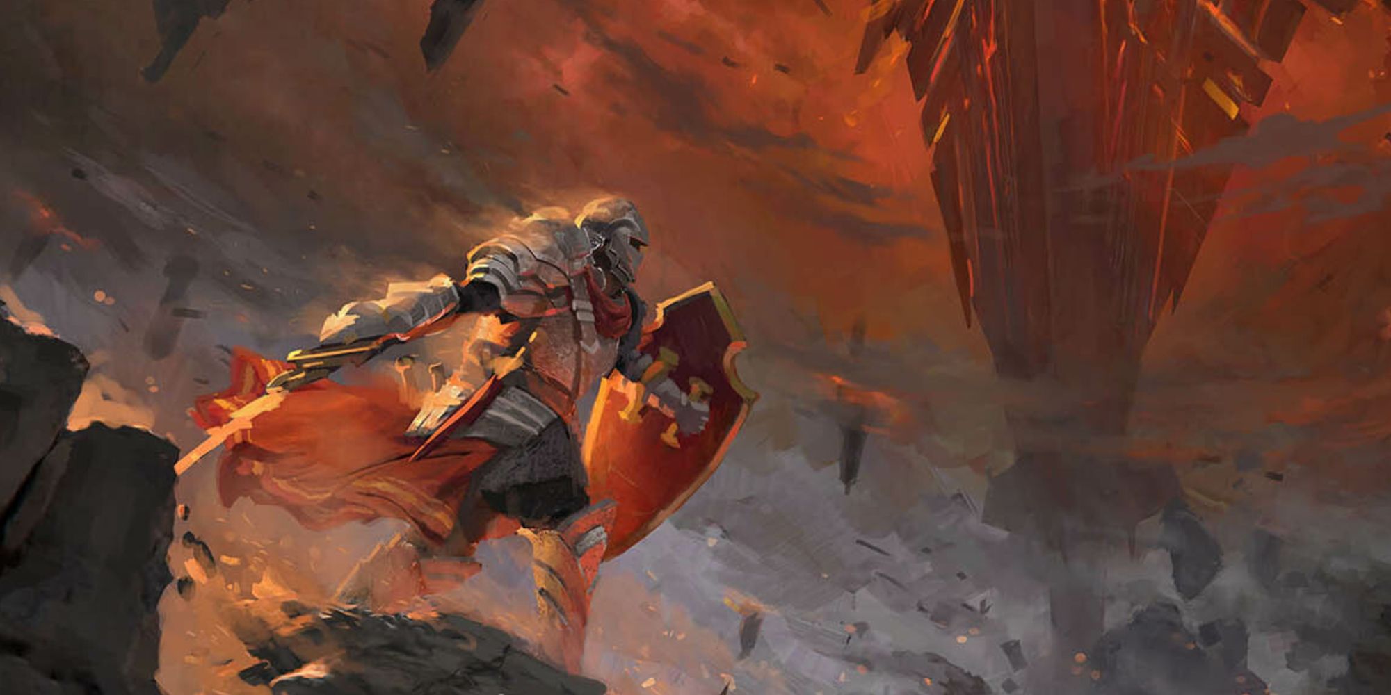 Descent into Avernus by Clint Cearley paladin standing on a ledge while wielding a sword and shield