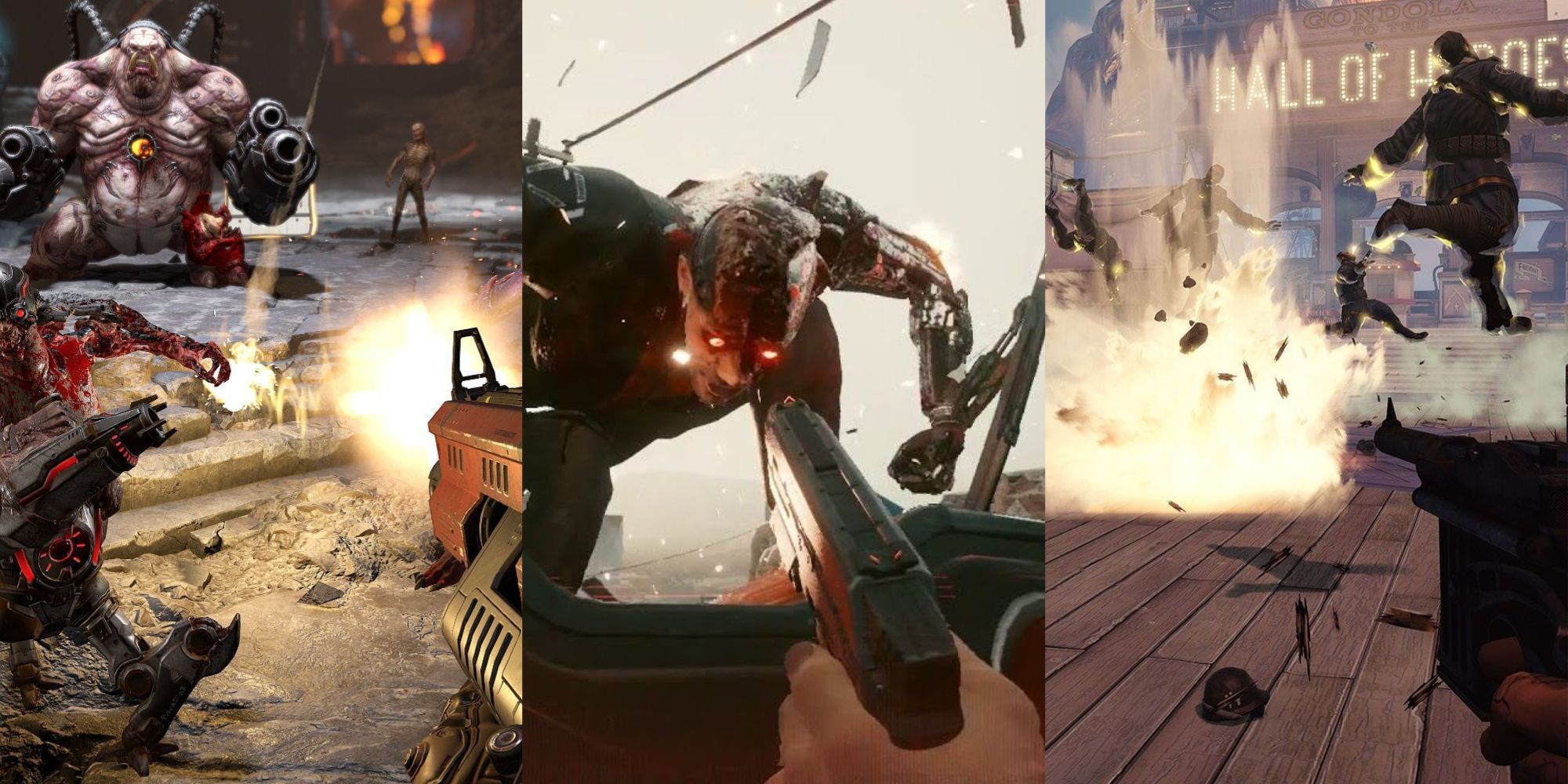 A collage of a mix of gameplay from various FPS games, starting with Doom Eternal, then Cyberpunk 2077, and BioShock Infinite. 