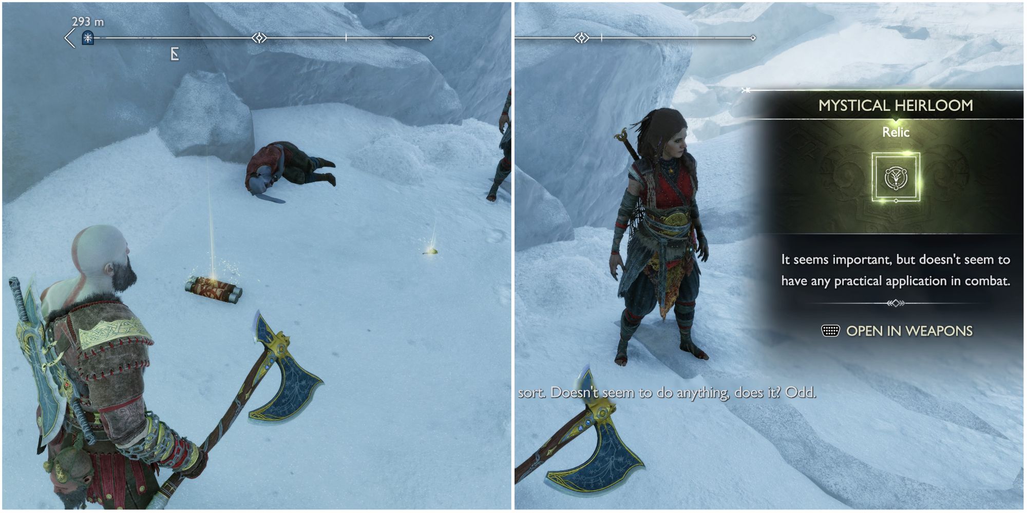 Split image showing Kratos approaching the Mystical Heirloom.