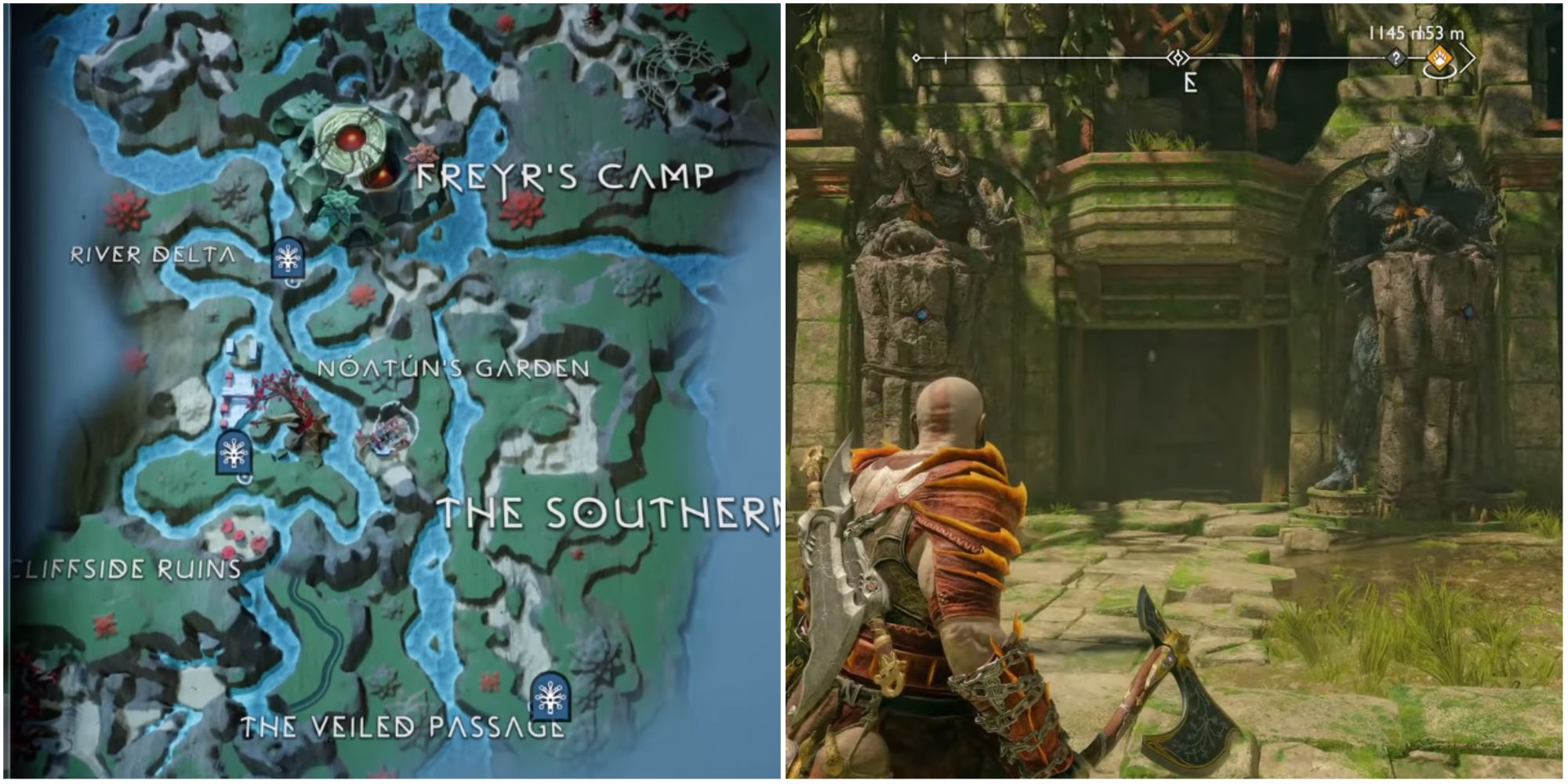 Split image showing the location of the Troll Statues in Vanaheim.