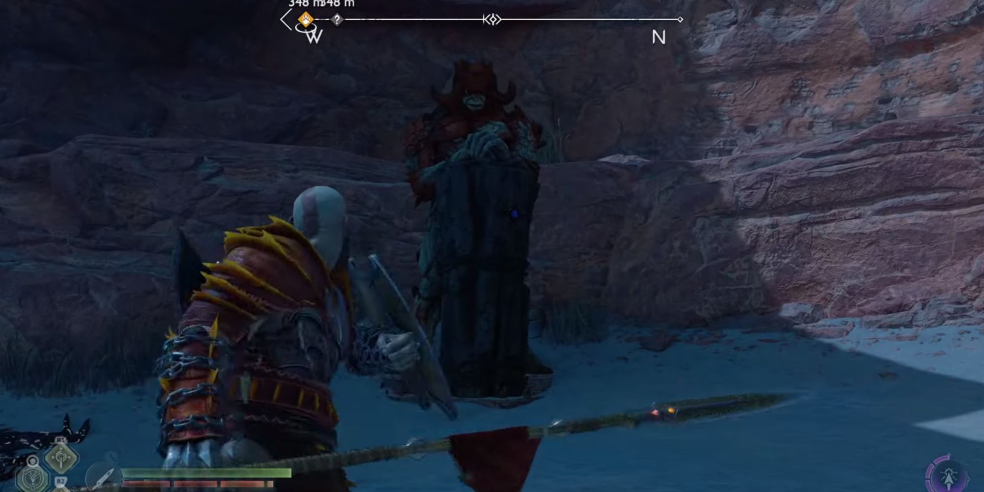 Image showing Kratos approaching the Troll Statue.