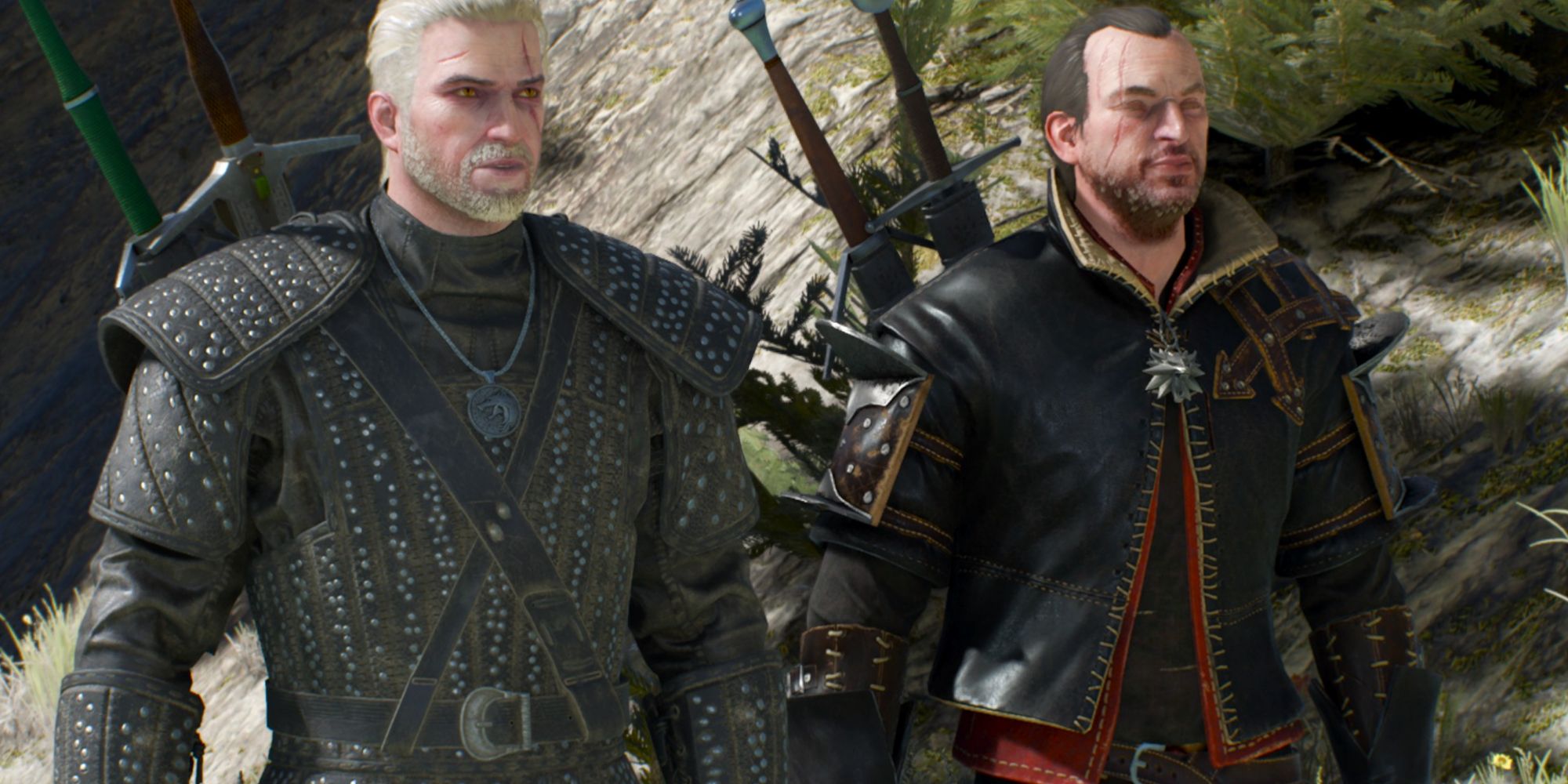 Lambert and Geralt in The Witcher 3, with Geralt wearing Henry Cavill's outfit from Netflix's The Witcher show.