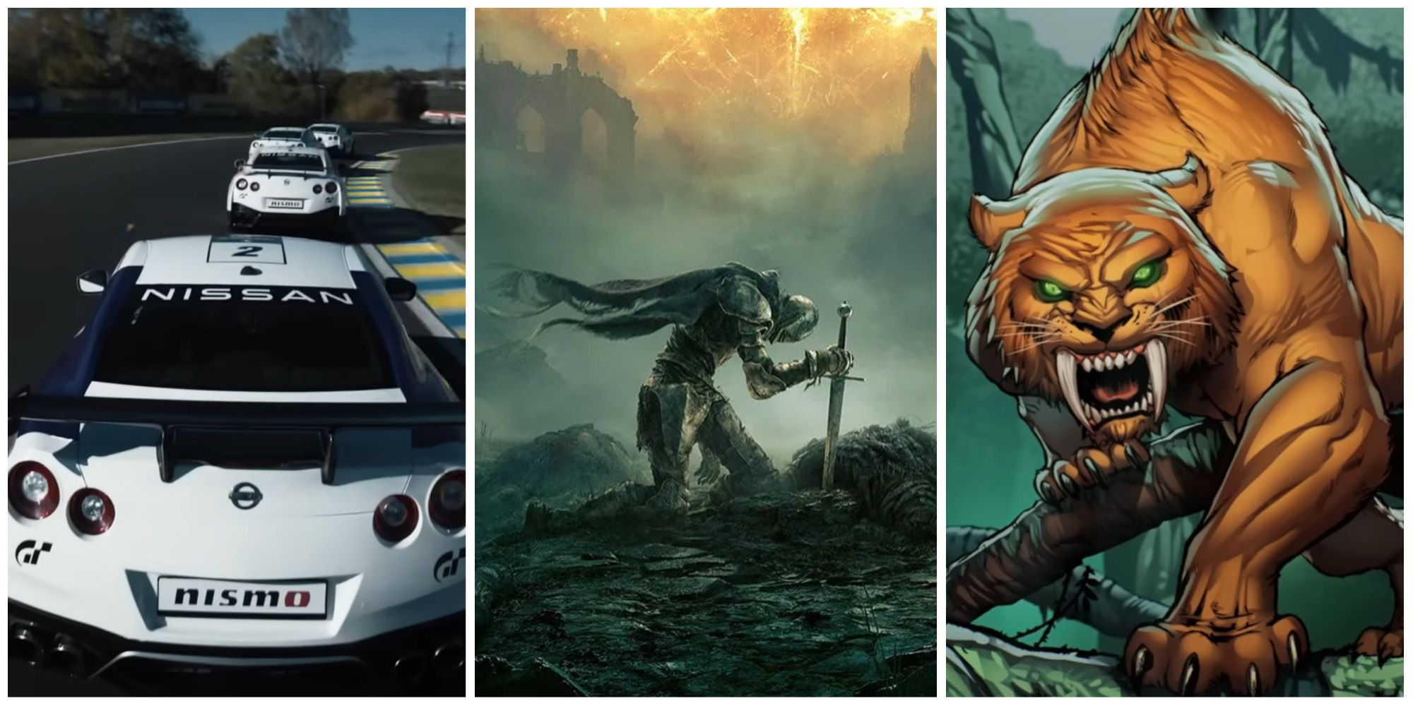 gran turismo cars, elden ring cover art, and marvel snap big cat