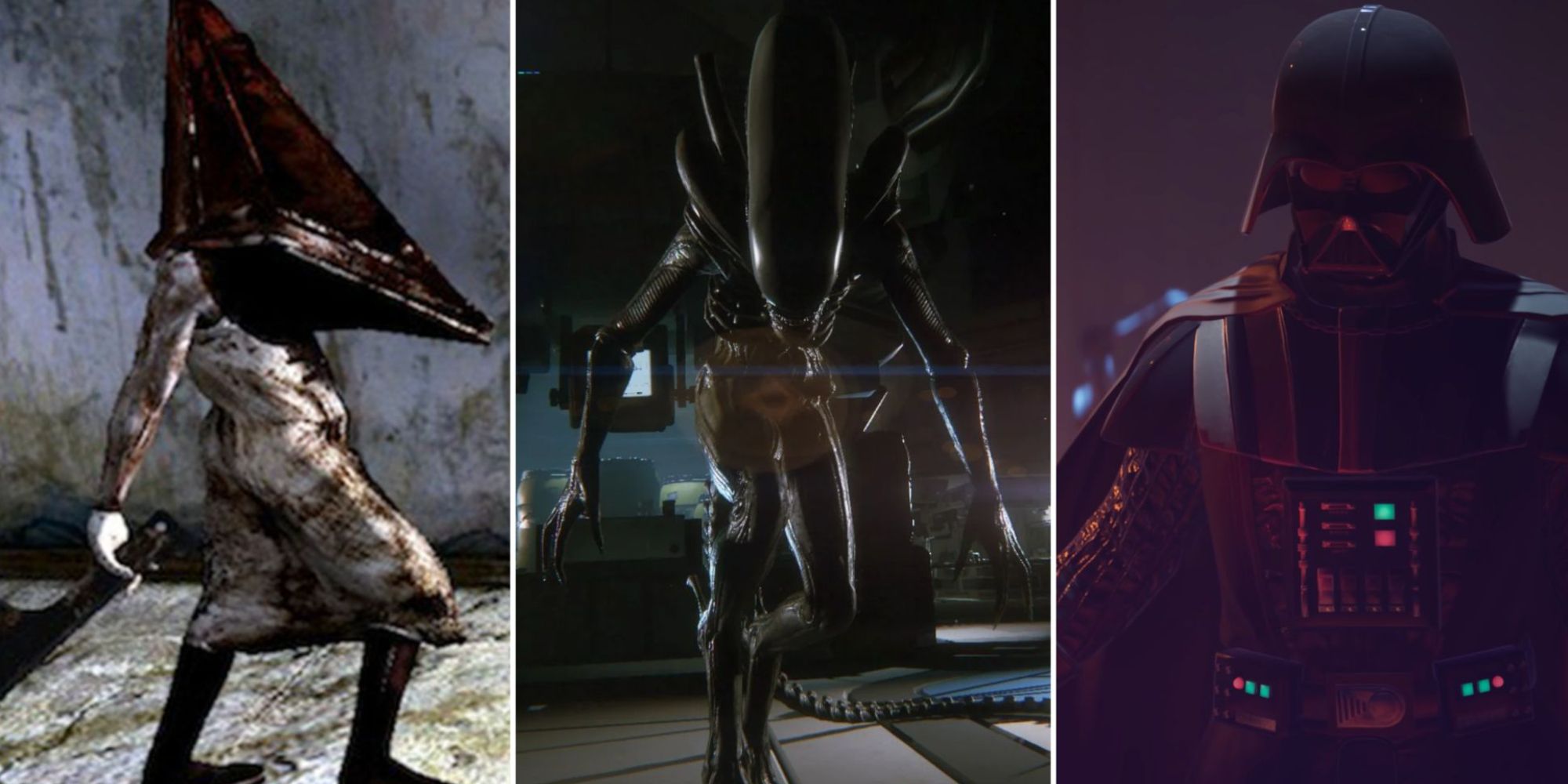 Collage of the Best Unkillable Video Game Enemies, featuring Silent Hill 2, Alien: Isolation, and Star Wars Jedi: Fallen Order