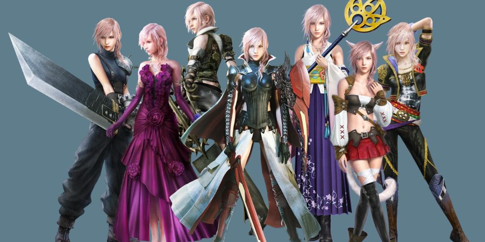A collage of Lightning in different outfits including a dark purple dress, Cloud cosplay, and Yuna cosplay