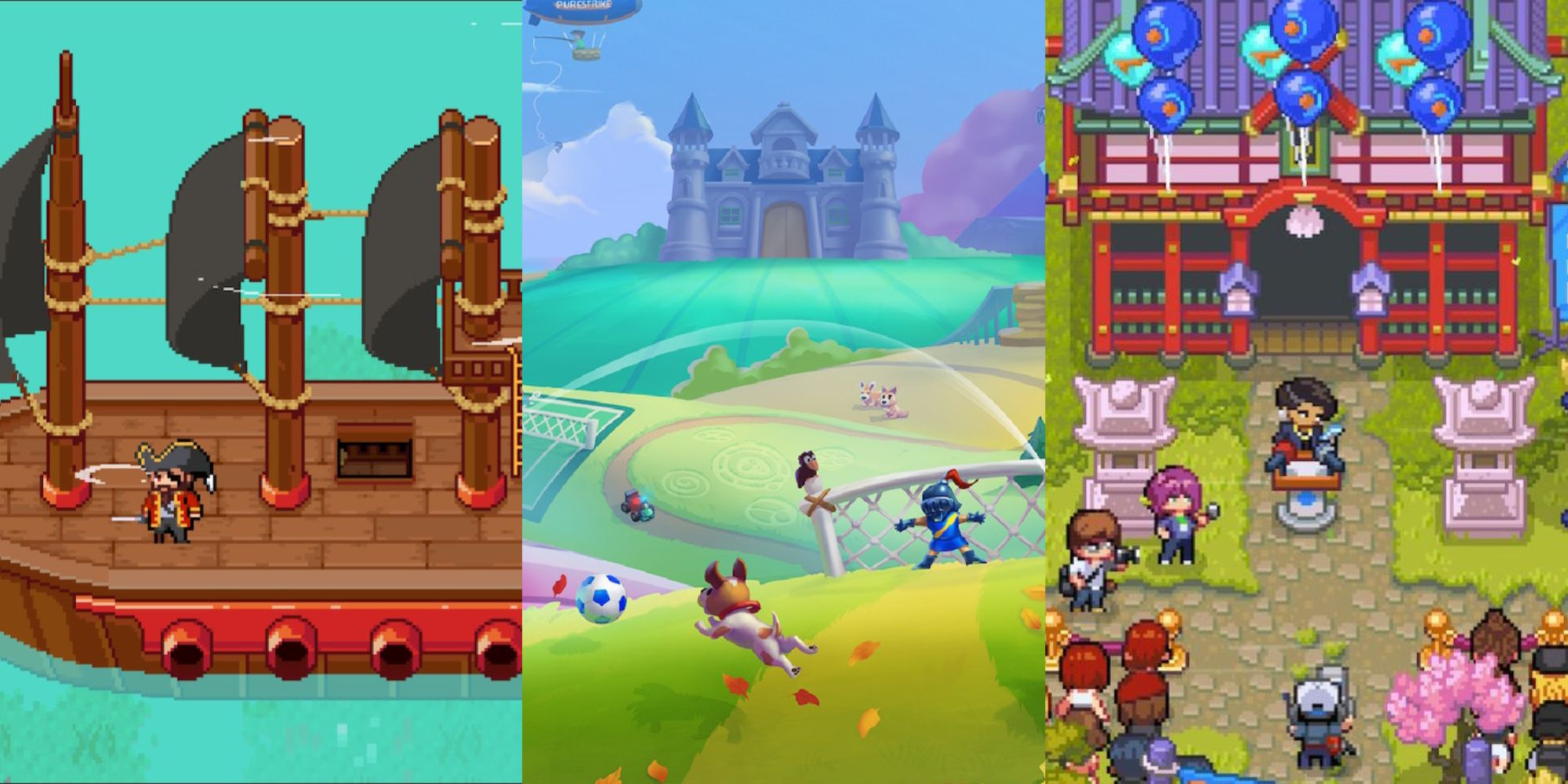 A collage of the pirates attacking, the loading screen, and the introduction of the island in Sports Story.