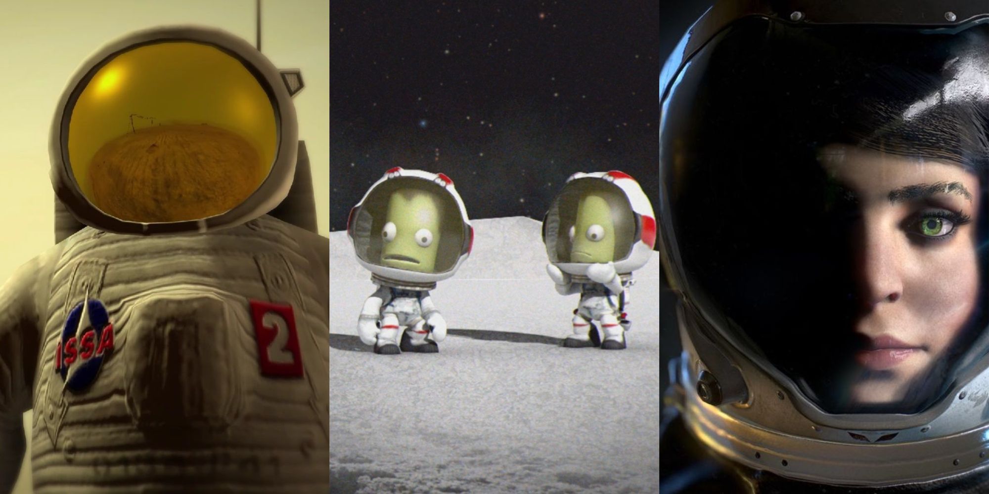 Collage of the main gold-visored astronaut from Lifeless Planet, two Kerbals in space suits on the moon, and a close-up of Ava Turing in her helmet.