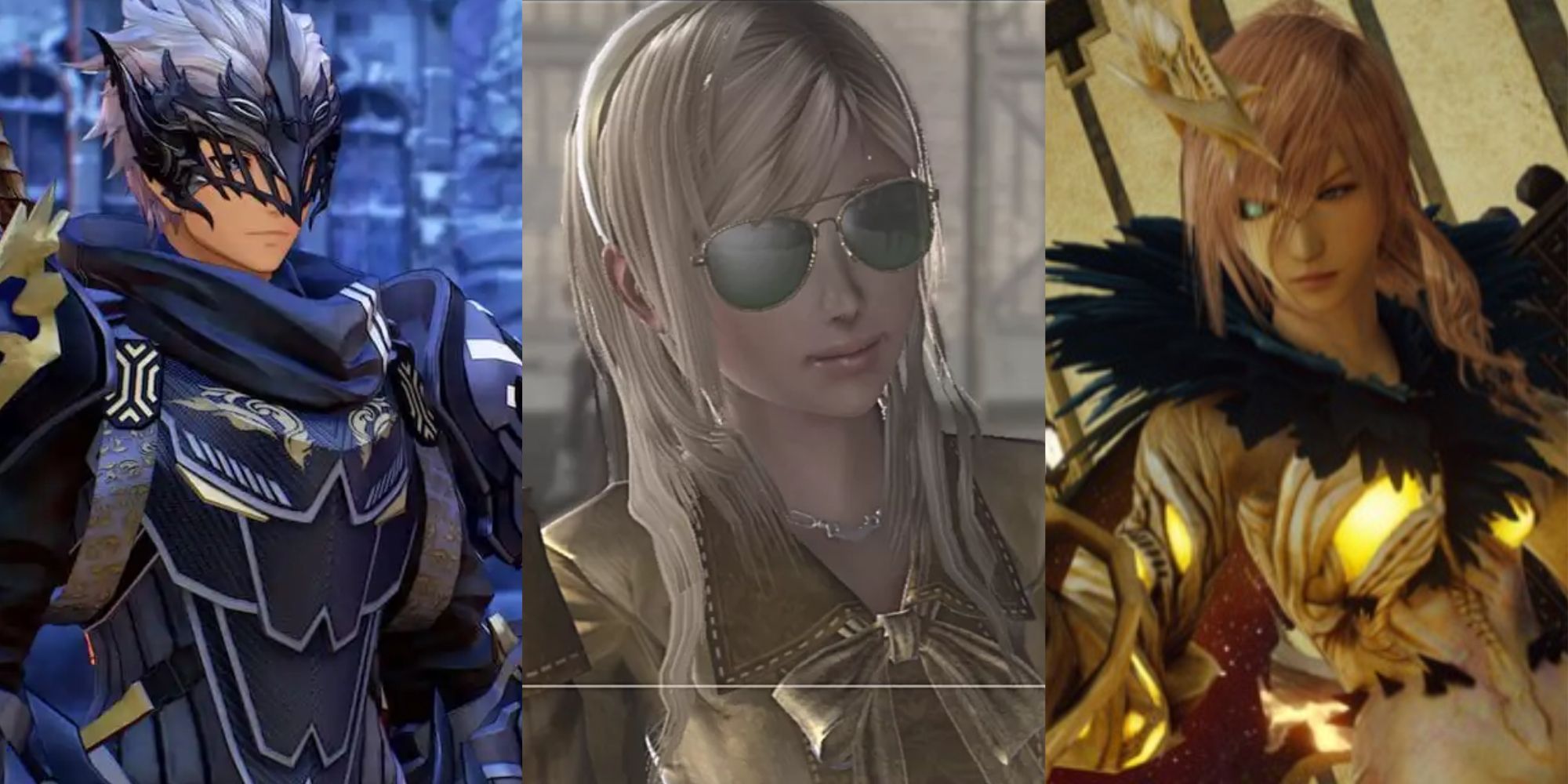 Alphyn from Tales of Arise in black heavy armor, Leanne from Resonance of Fate in sunglasses, and Lightning from Lightning Returns Final Fantasy in gold clothes with dark sclera in one eye