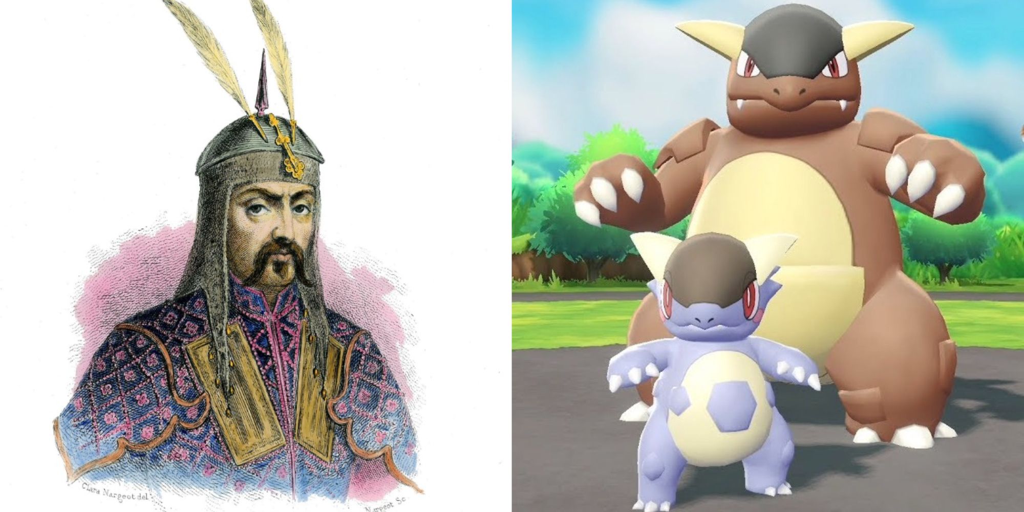 a painting of Genghis Khan in armor, Mega Kangaskhan in Pokemon Go
