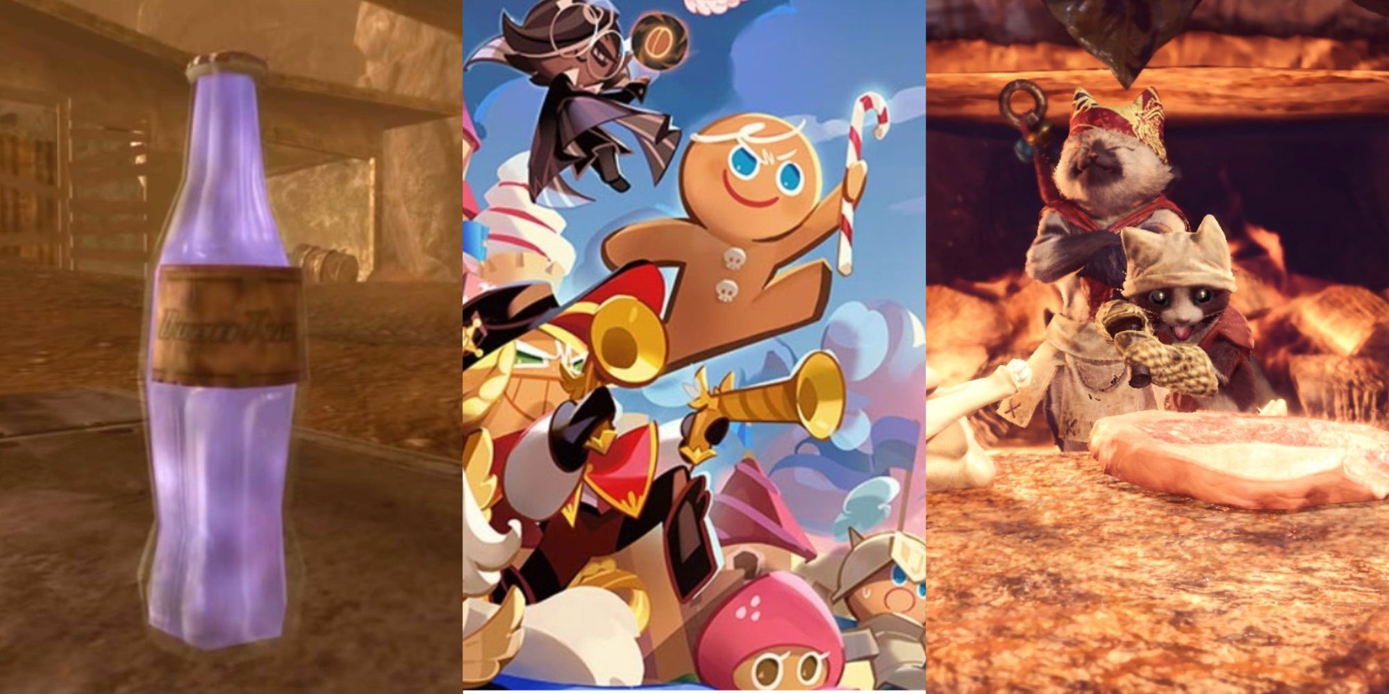 Nuka-Cola Fallout left, Cookie Run Kingdom Middle, Monster Hunter World Right