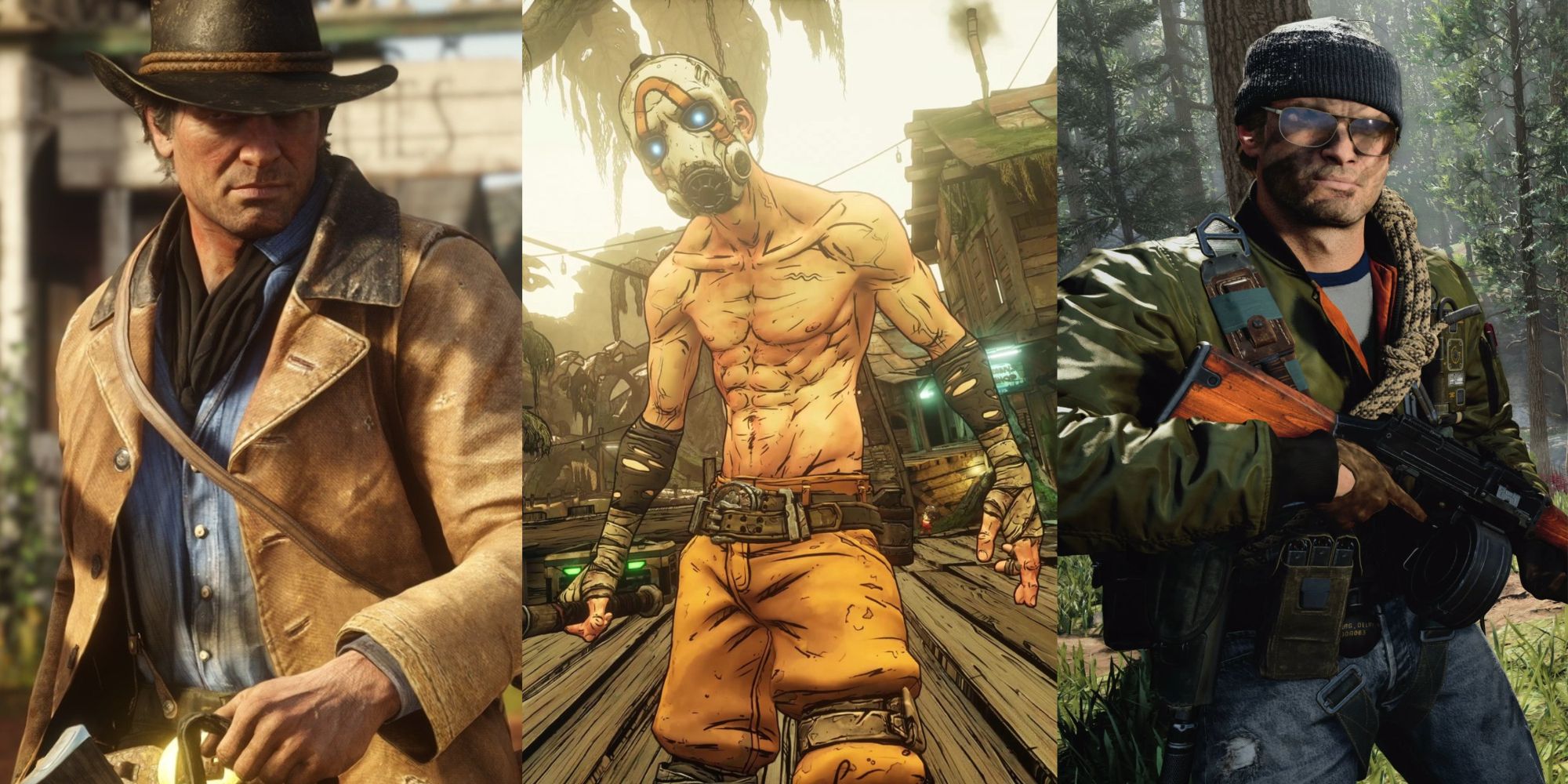Characters from Red Dead Redemption 2, Borderlands 3, and Call of Duty Black Ops Cold War. First one is wearing a cowboy hat, second one is shirtless with a mask on, third one is holding a gun and wearing glasses