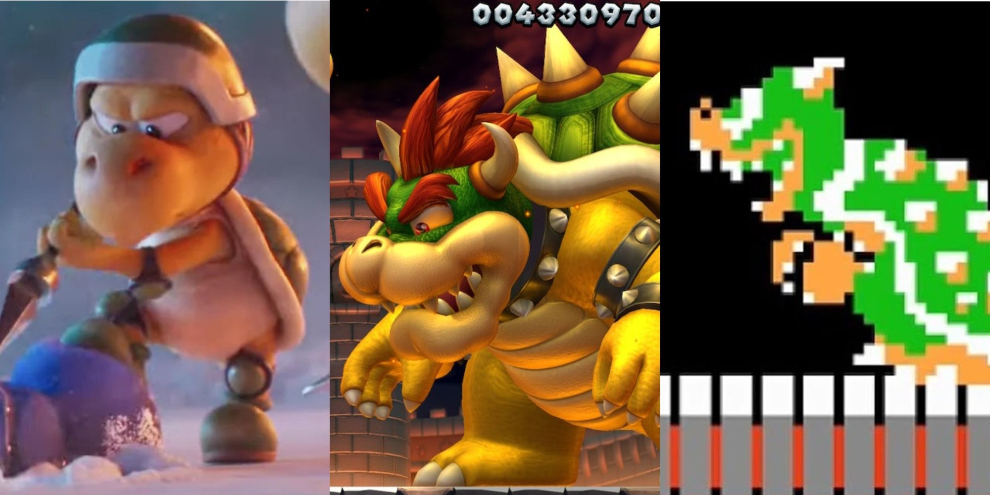 A split image of a Koopa Troopa from the Mario movie and two instances of Bowser, one from New Super Mario Bros. and one from Super Mario Bros.