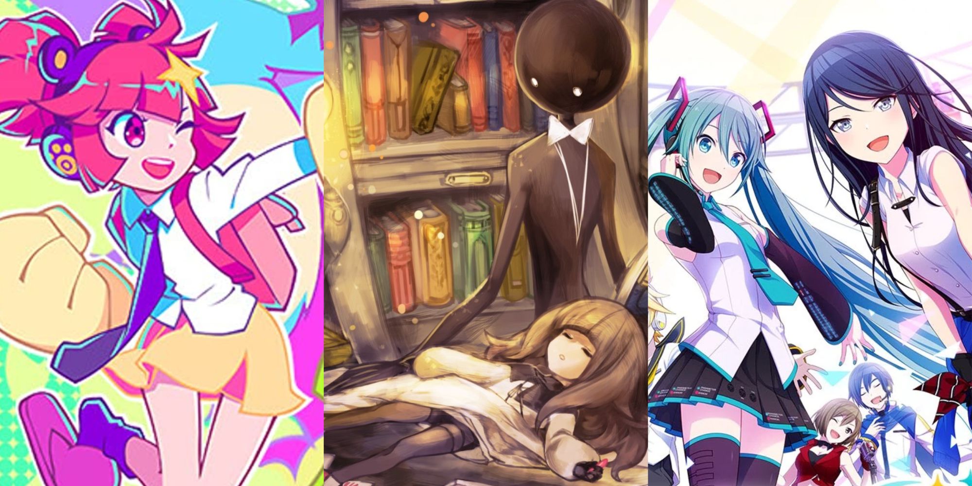 Buro from Muse Dash punching the air and winking, Alice sleeping on Deemo's lap as they look down on her from Deemo, Miku and Ichika smiling at the camera while Kaito and Meiko sing behind them