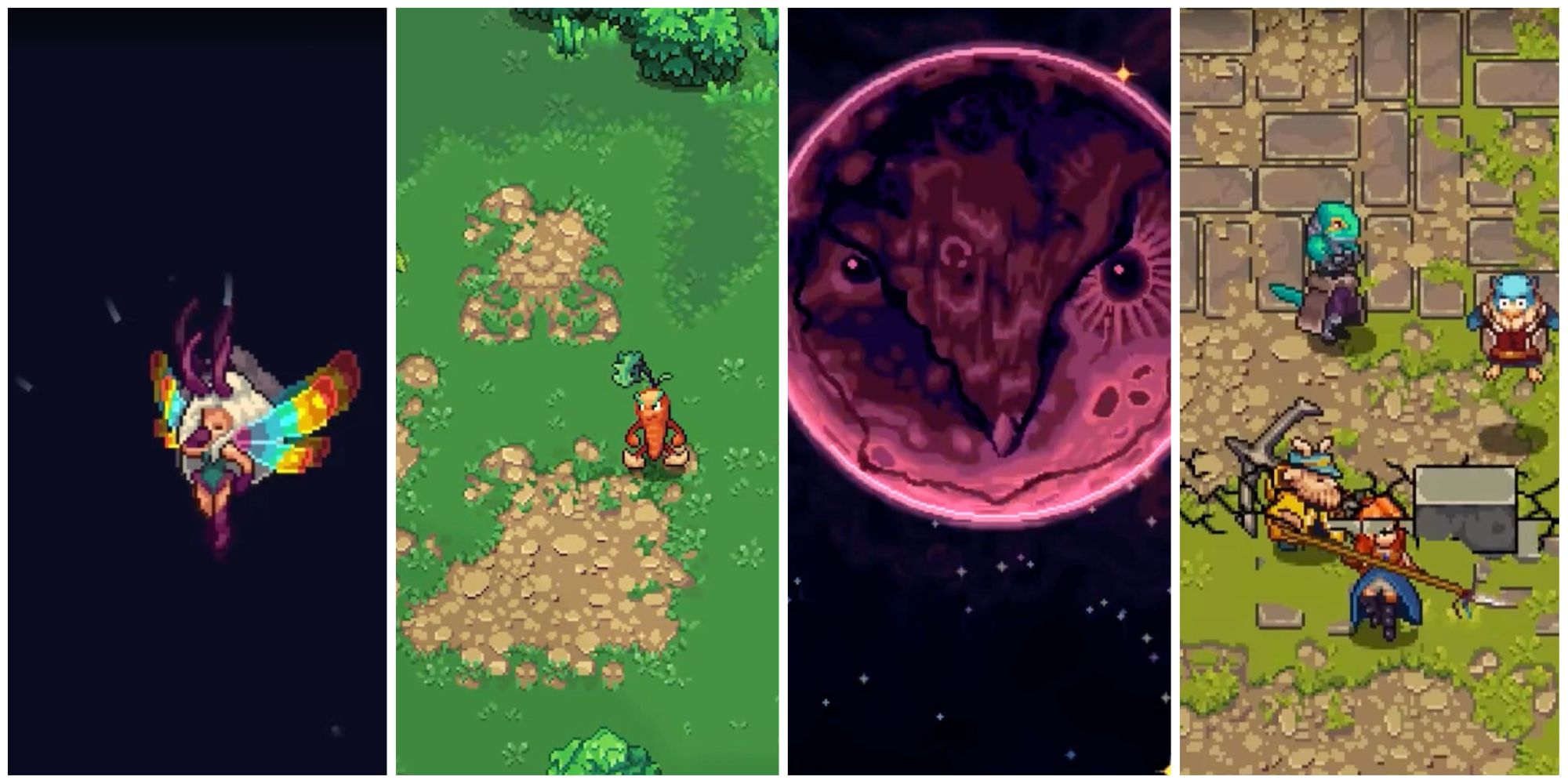 Collage of screenshots from Chained Echoes, including Magnolia Left, Sentient Carrot Middle left, Watchful Moon Middle-right, Egyl Ultra Move Right