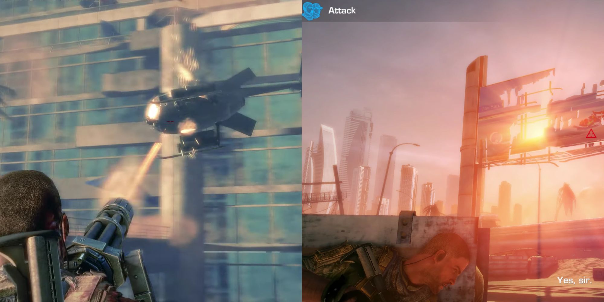 A double image collage of Captain Walker gunning down a helicopter with a minigun and assigning a squad member to attack an enemy combatant hiding in a billboard.