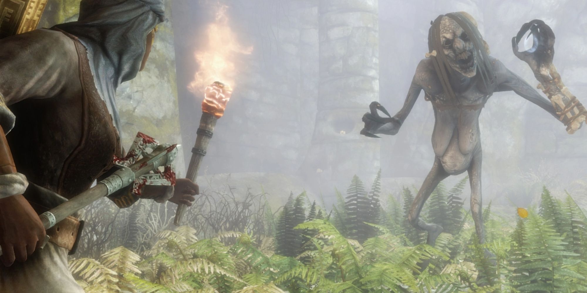 A screenshot of a player character fighting a water hag in a foggy forest in Skyrim