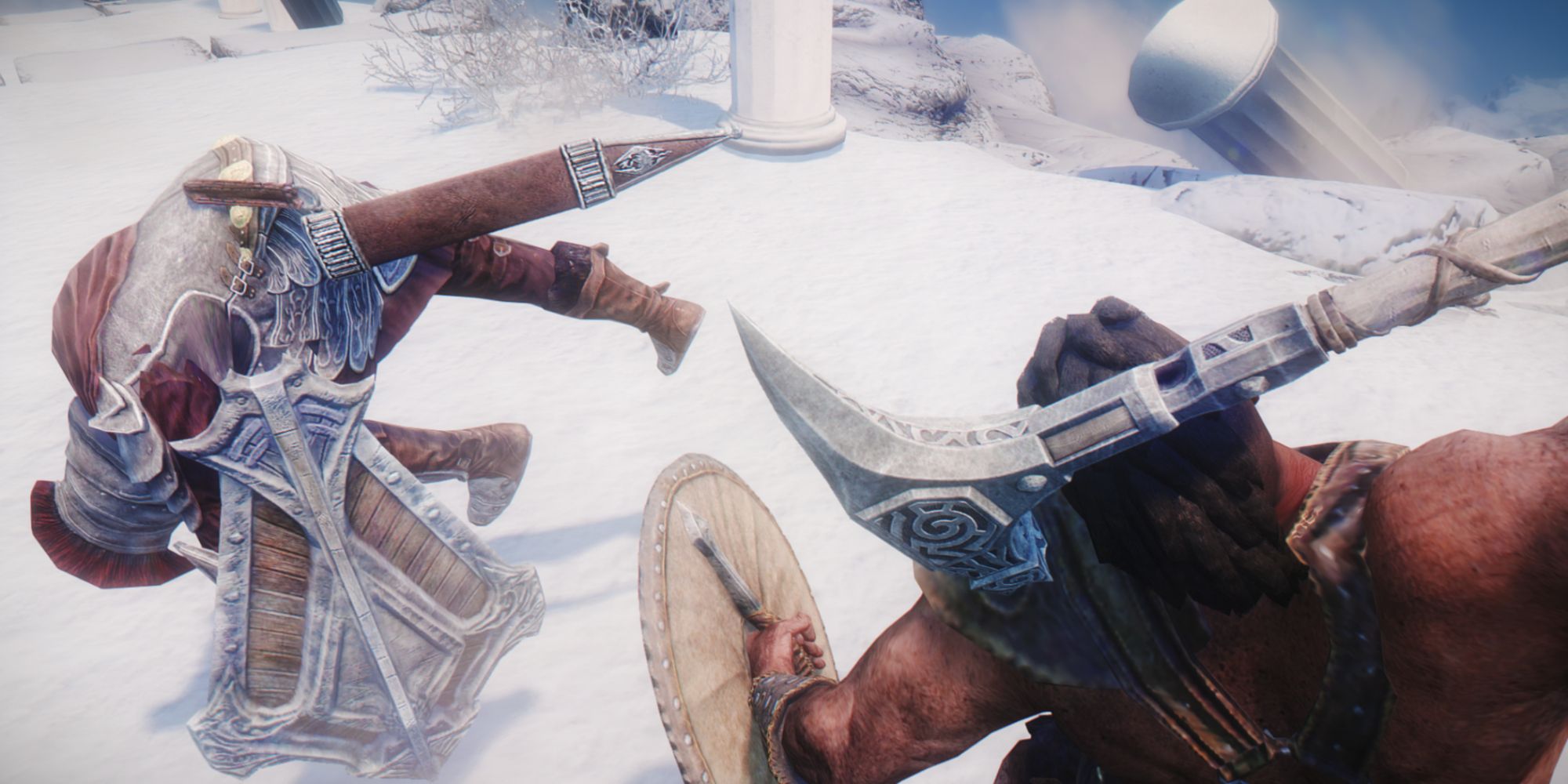 Screenshot showing a character dodge rolling away from an enemy about to strike with an axe  in Skyrim.