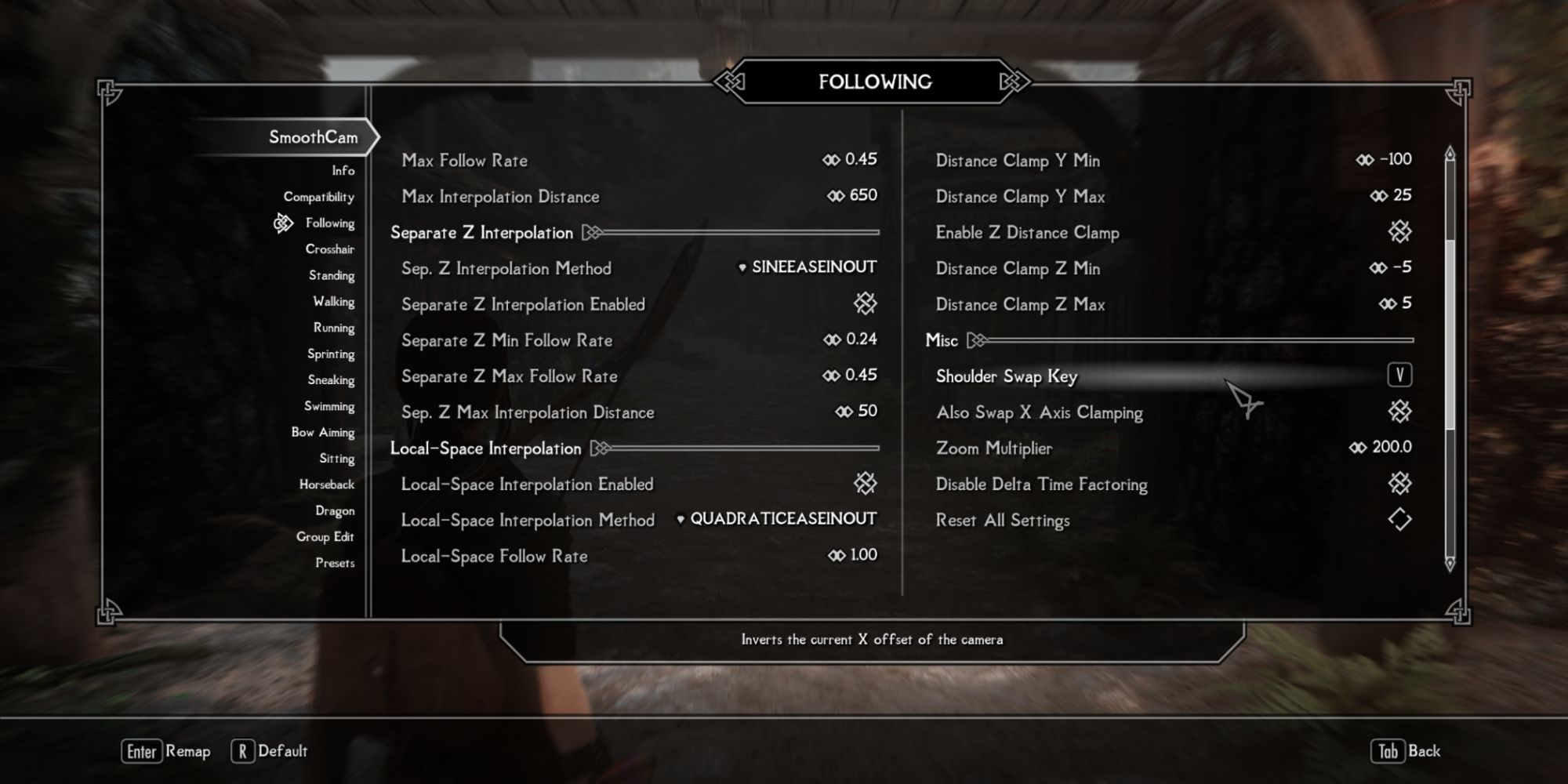 A screenshot showing the settings menu for the Smoothcam mod in Skyrim