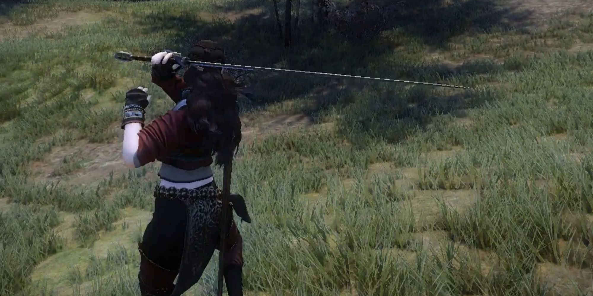 A screenshot of a character about to perform a power attack with a greatsword in Skyrim