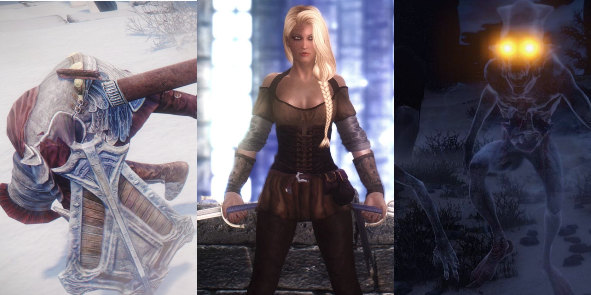 Split image showing a Skyrim ultimate dodge mod, a Witcher 3 weapon mod, and a Fogling creature mod