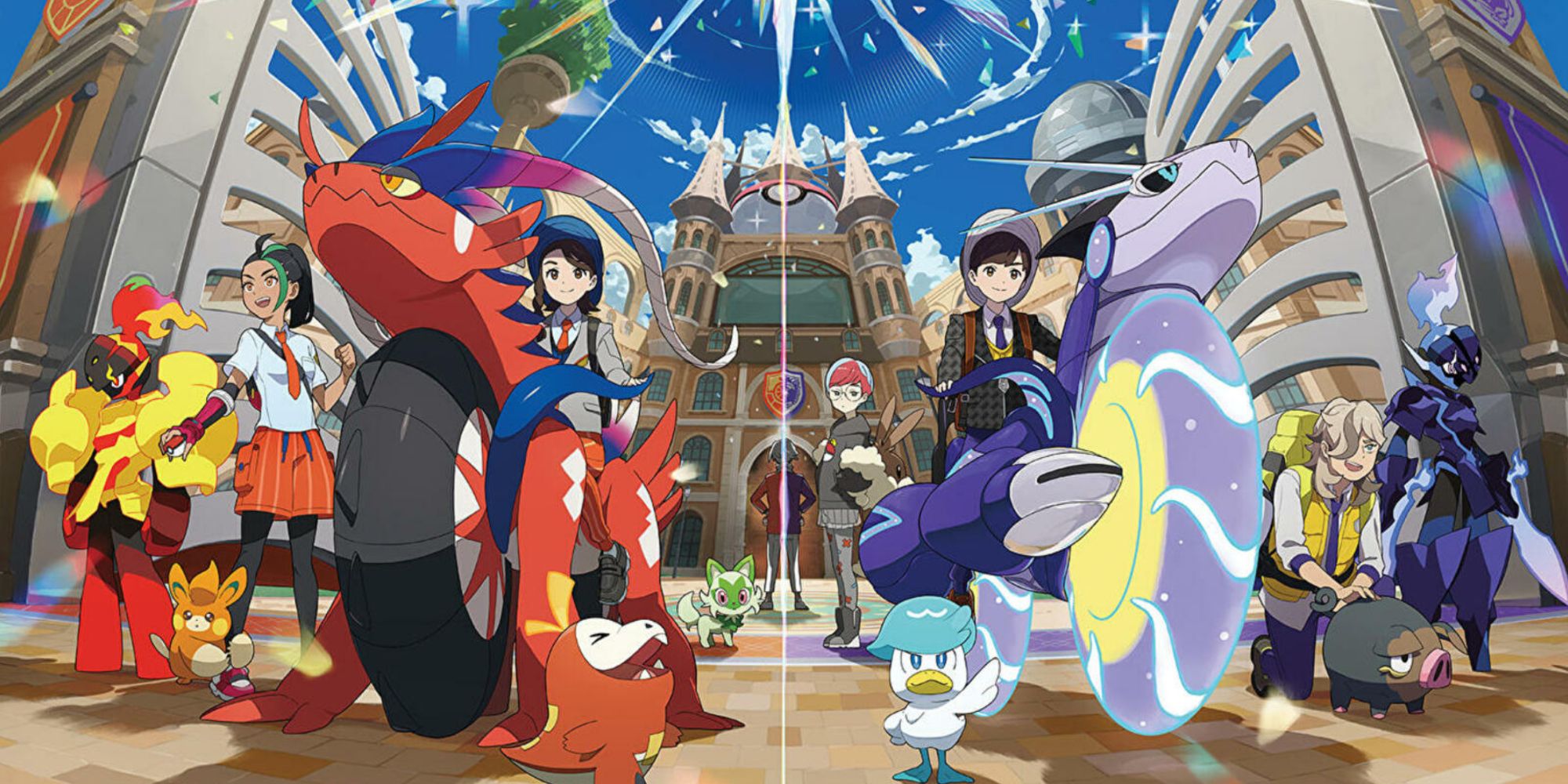 Pokemon Scarlet and Violet Trainers standing in front of the school