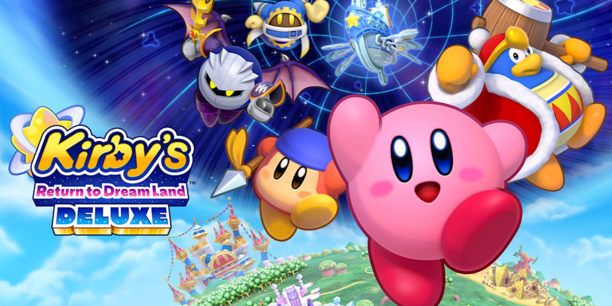 Kirby's Return To Dream Land Deluxe: Kirby, Meta Knight, King Dedede, Bandana Waddle Dee, And Magolor Jumping In The Air