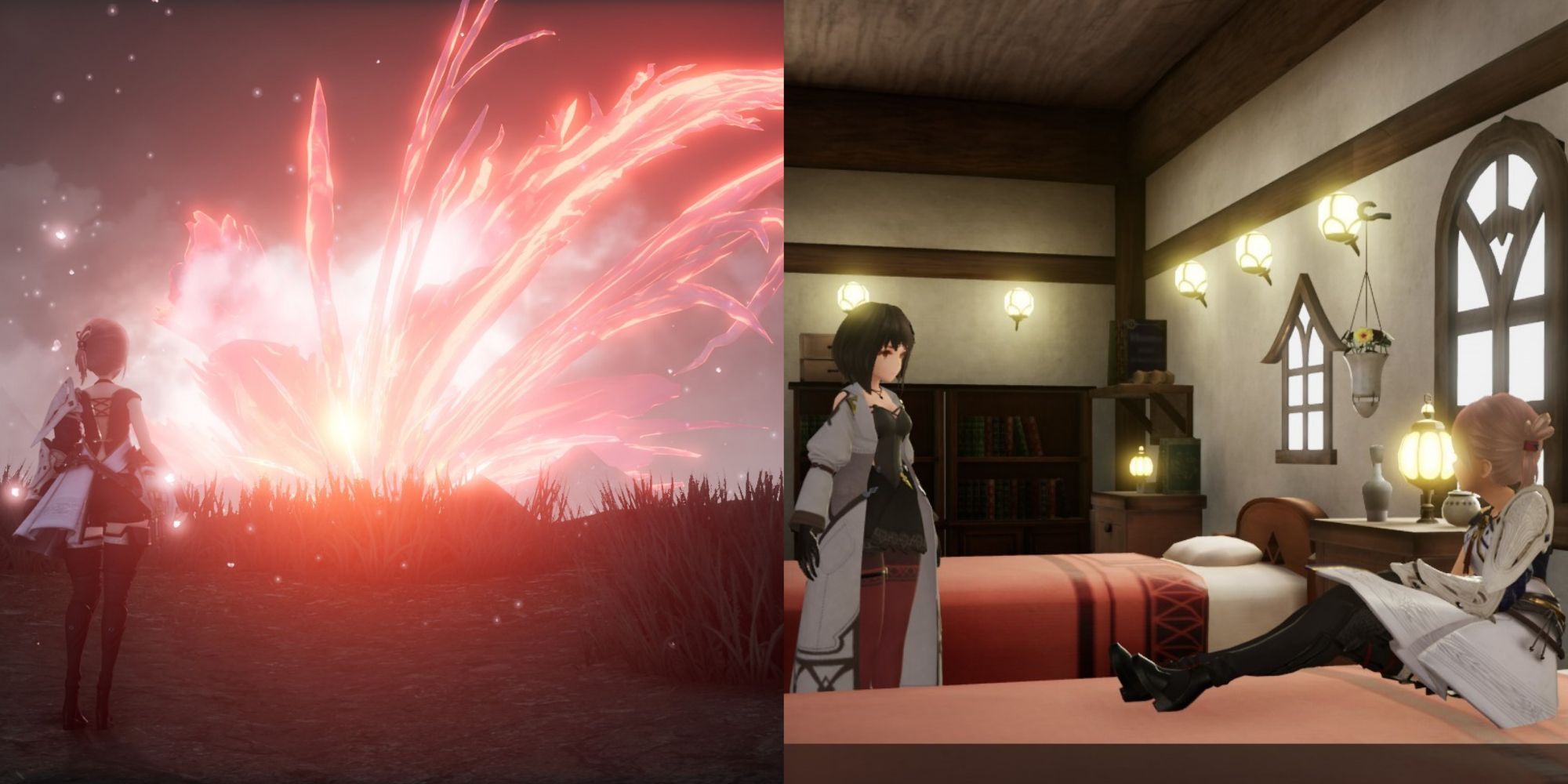 Harvestella - Split image showing the character looking at the Fall Fire Seaslight And Doctor Cres talking to a patient