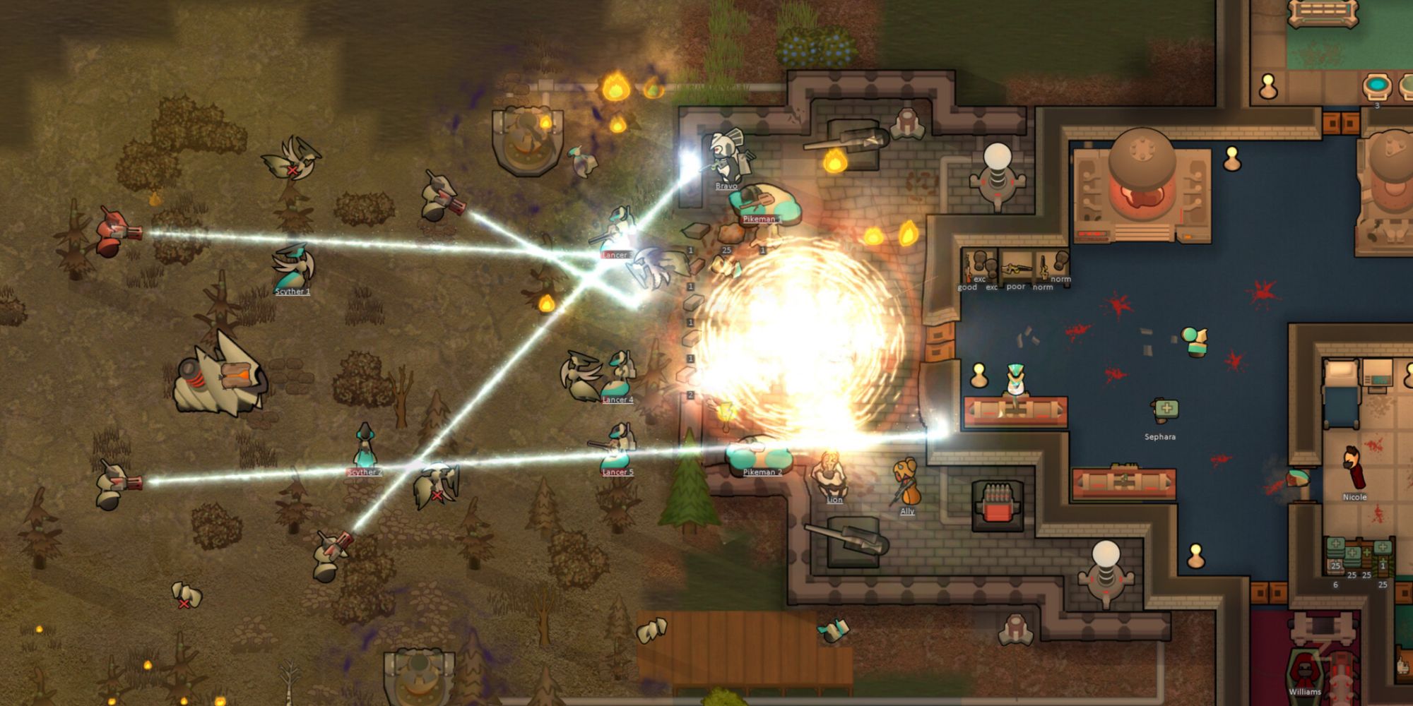 Rimworld - Several Characters Shooting Lasers And Causing An Explosion