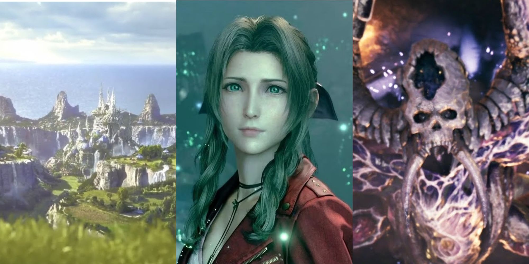 Split image from the world of Final Fantasy 7 showing the Cetra's homeland, Aerith, and Jenova