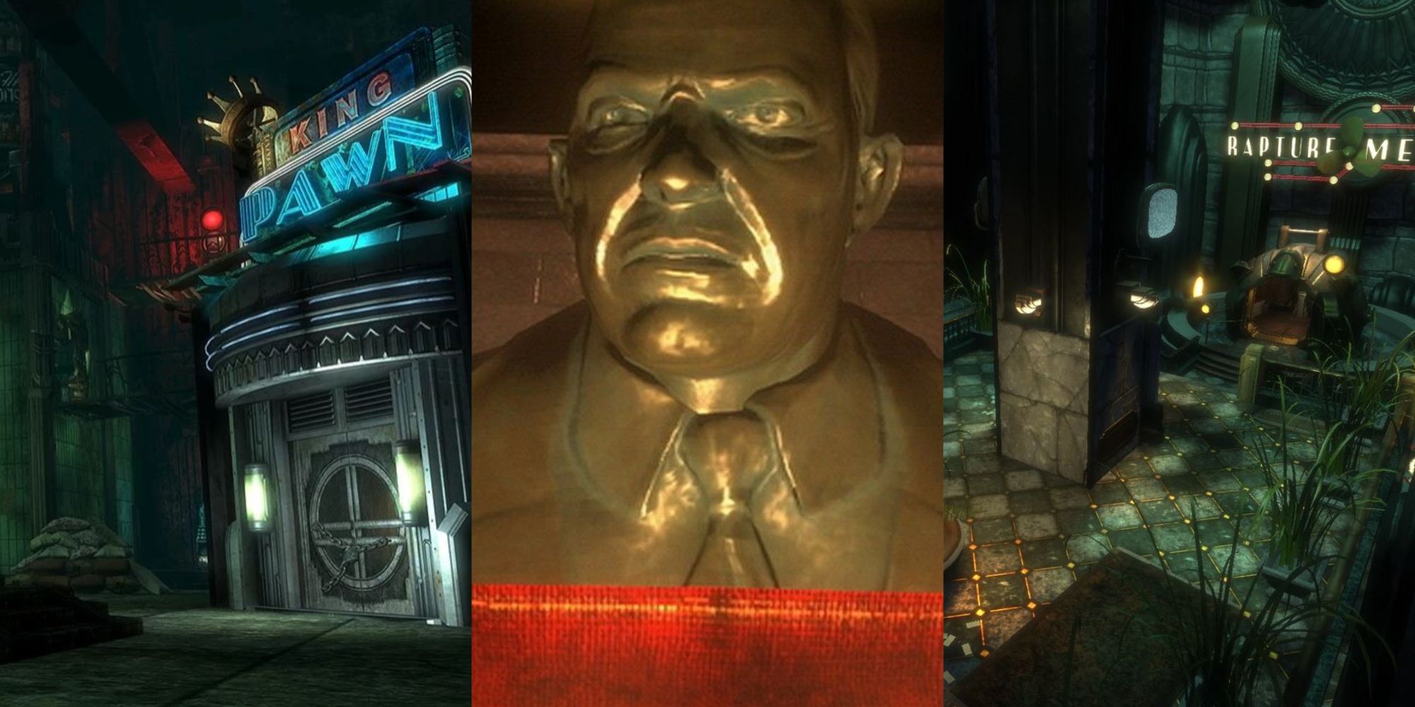 Pauper's Drop, Andrew Ryan statue, and Rapture Metro lobby in BioShock 1 and 2