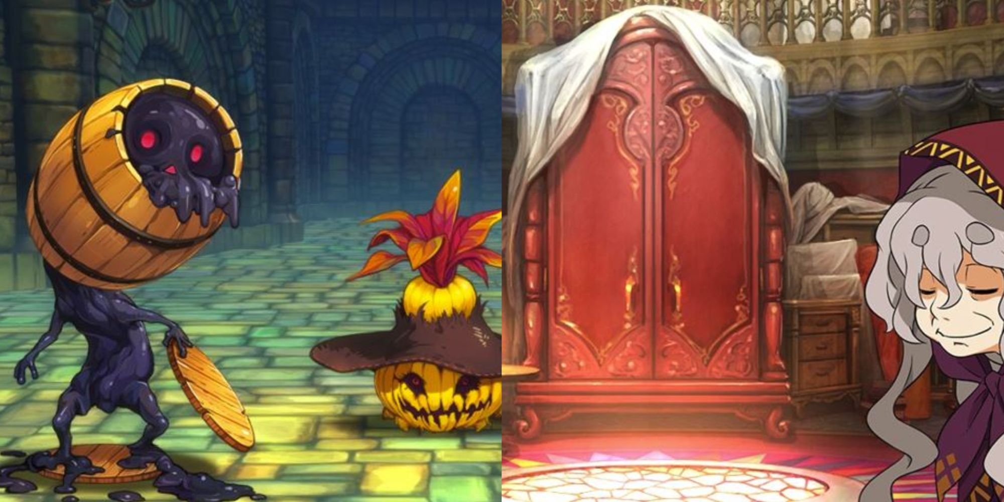 A collage of two monsters and Marta in front of the wardrobe in Labyrinth Of Galleria: The Moon Society.