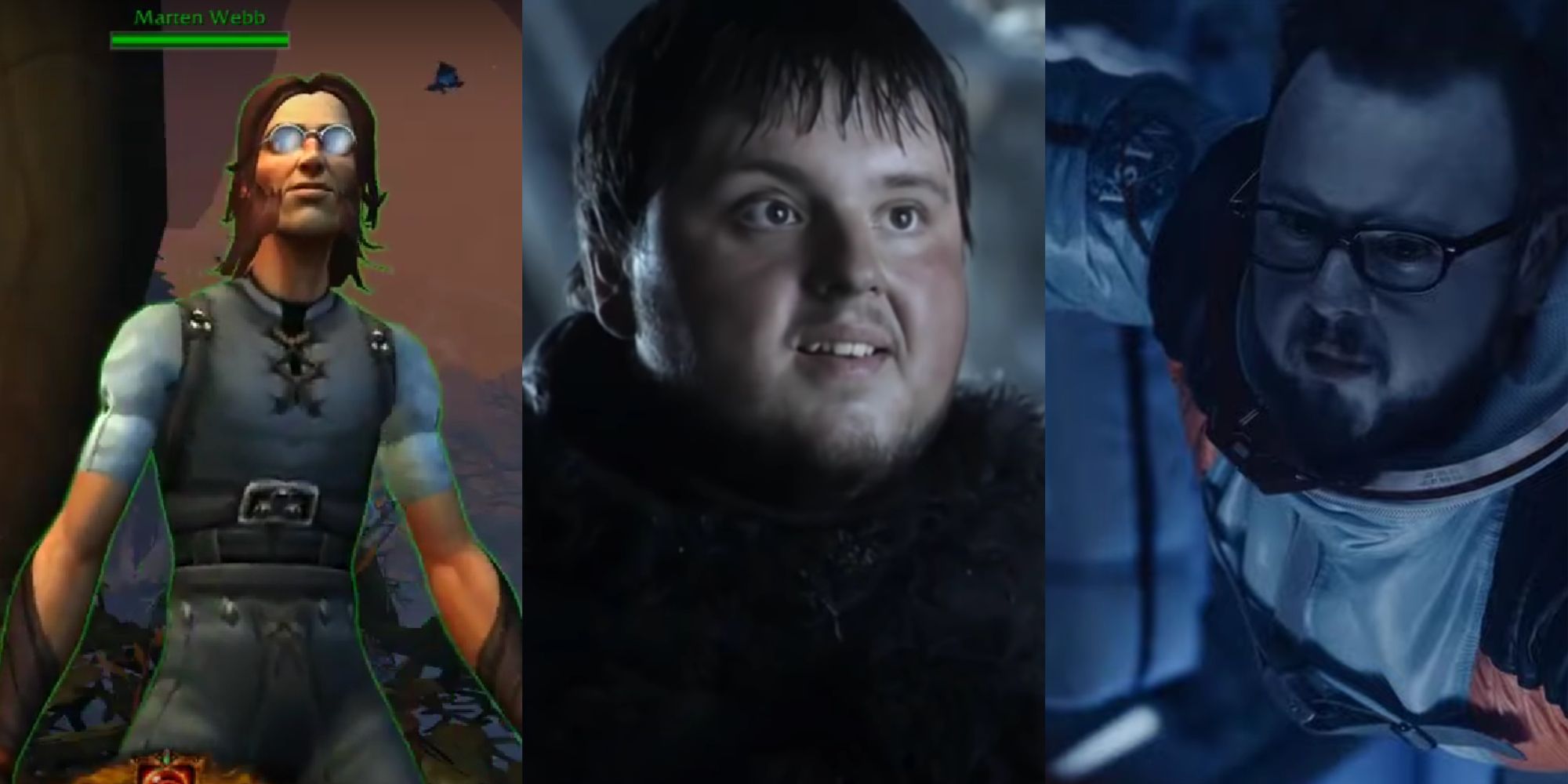 A split image collage of a close-up of John Bradley's Marten Webb character in Warcraft, Samwell Tarly in Game of Thrones, as well as KC in Moonfall.