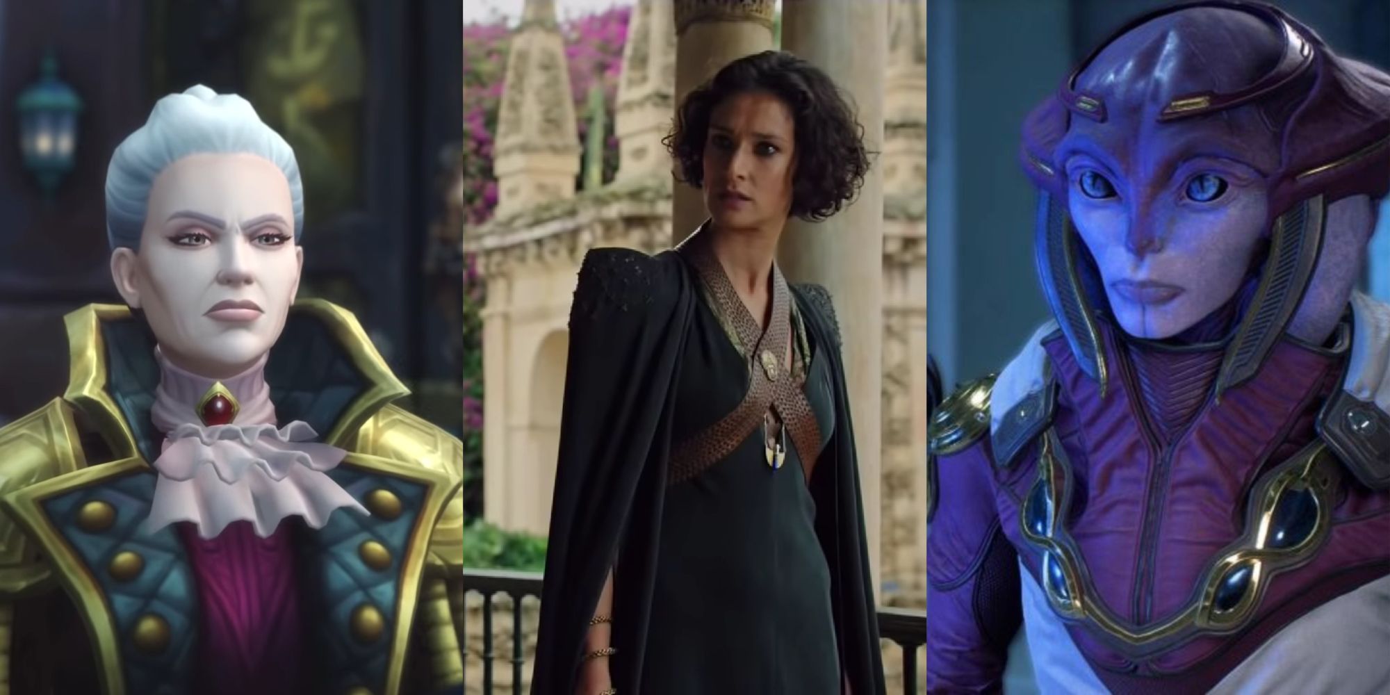 Split image collage of Indira Varma as Katherine Proudmoore in World of Warcraft, her as Ellaria Sand in Game of Thrones, and Moshae Sjefa in Mass Effect: Andromeda.