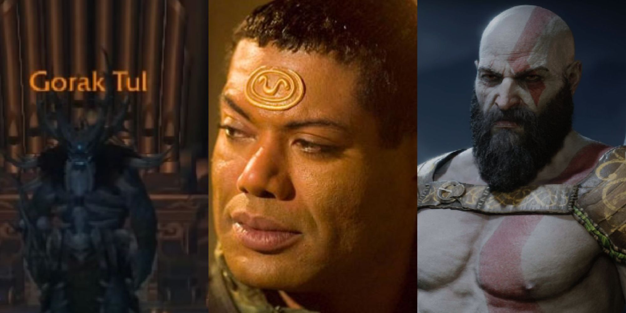 A split image collage of Christopher Judge as Gorak Tul in World of Warcraft, Teal'c in Stargate SG-1, and the menacing Kratos in God of War Ragnarok.
