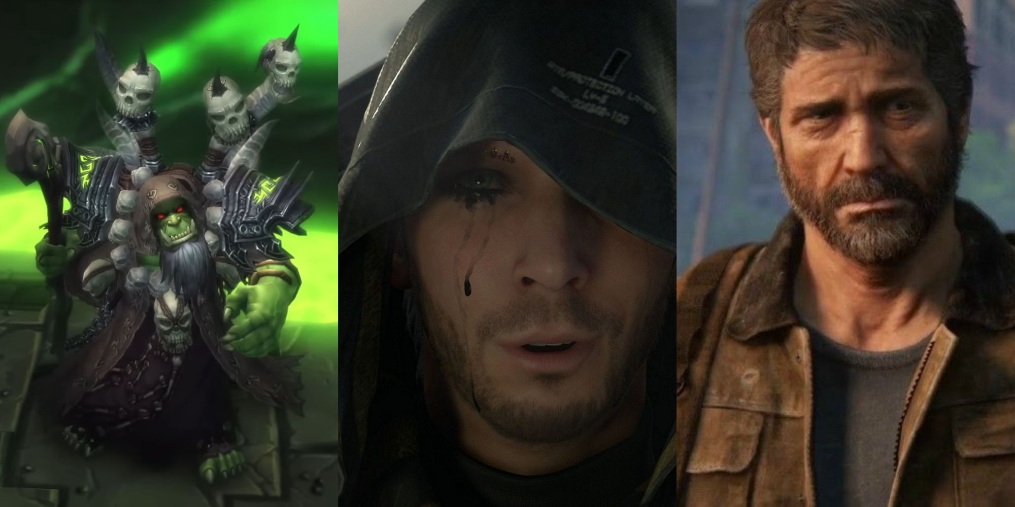 Split image collage featuring Troy Baker's character Gul'dan in World of Warcraft, the antagonist Higgs Monaghan in Death Stranding, and Joel Miller in The Last of Us Part 1.