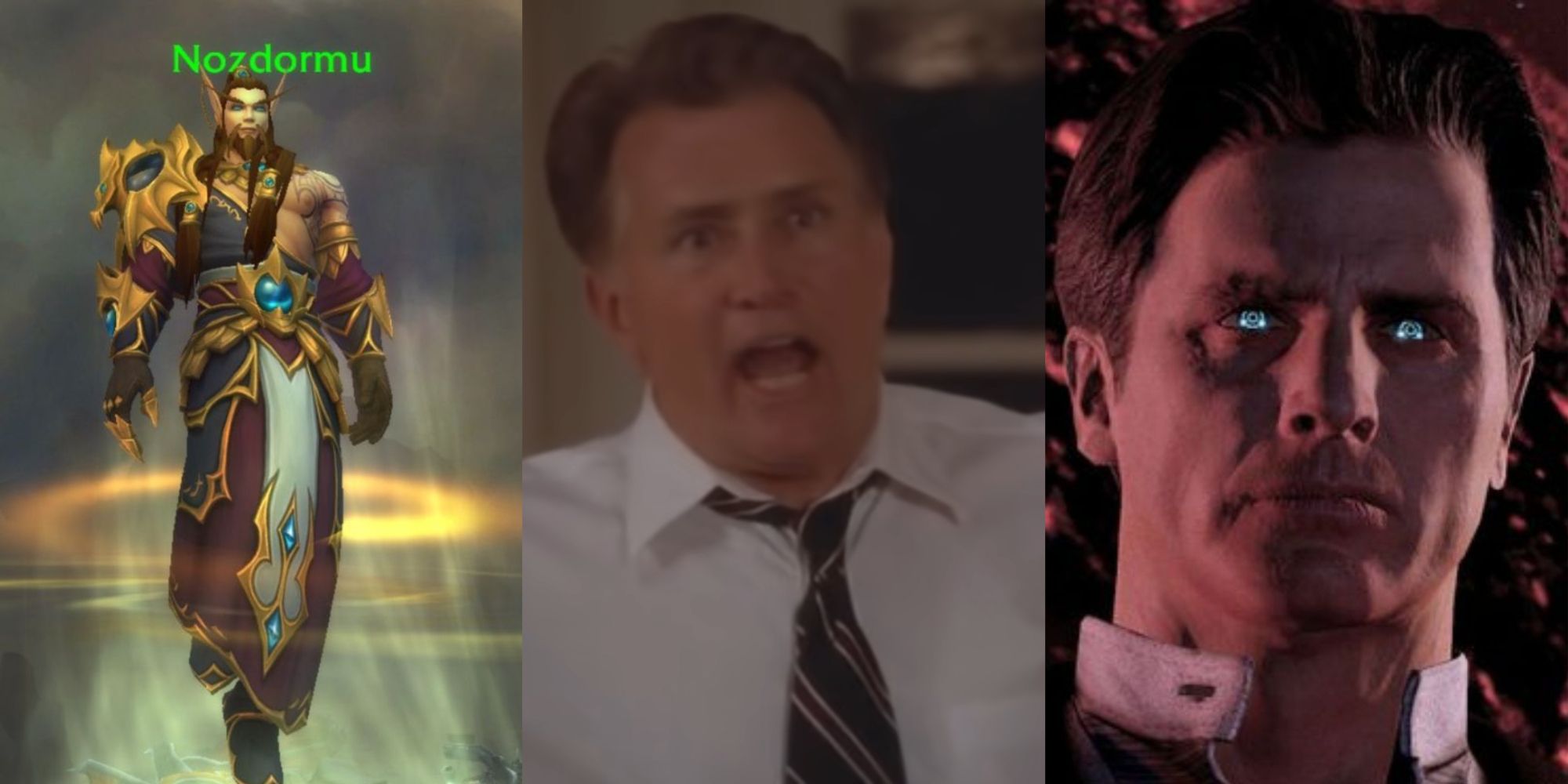 Three split images of Martin Sheen's WoW character Nozdormu, Sheen playing President Josiah Bartlett in The West Wing, and the Illusive Man in Mass Effect.