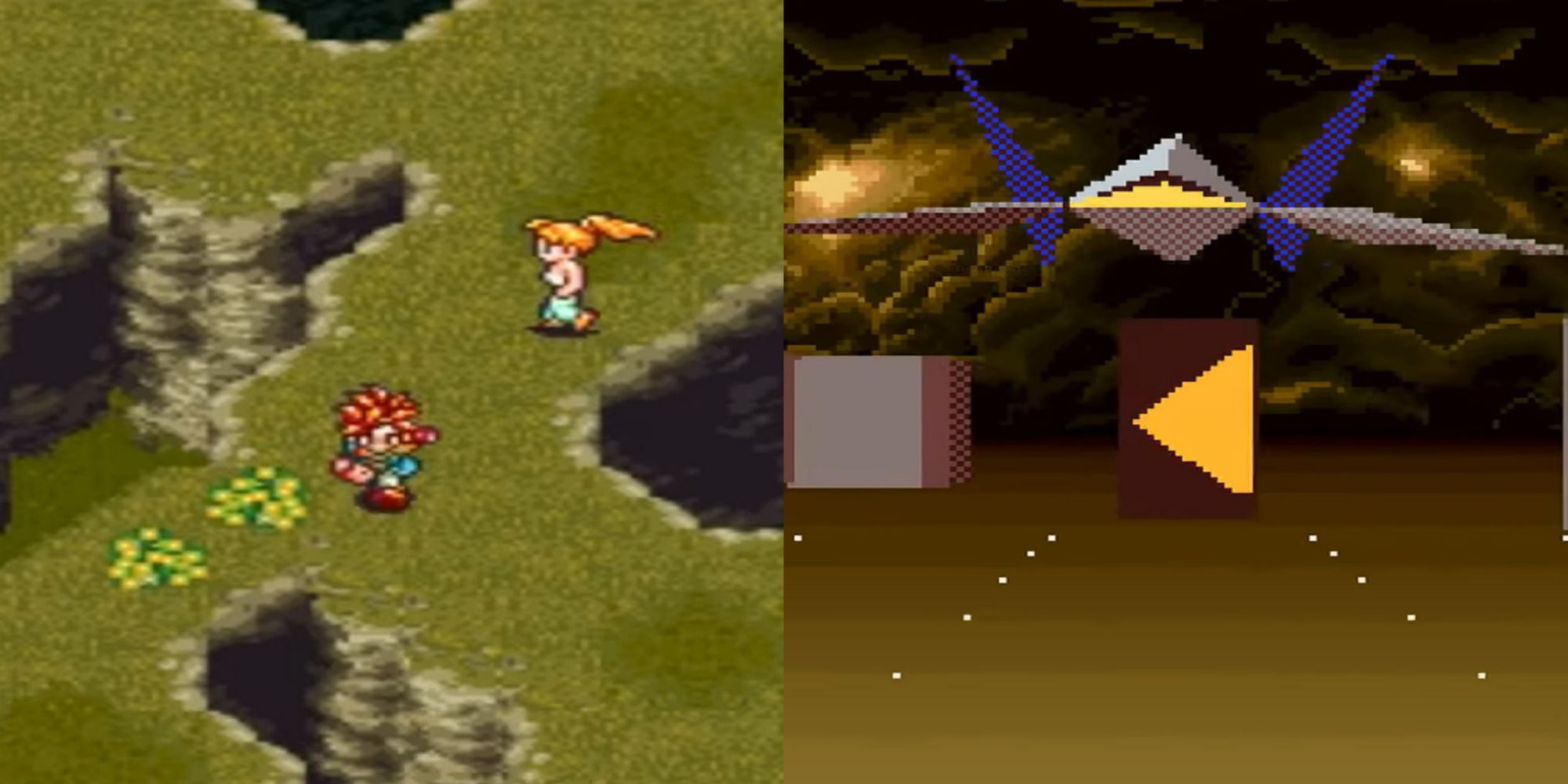 Split image screenshots of Crono and Marle in Chrono Trigger and a spaceship from Starfox on SNES