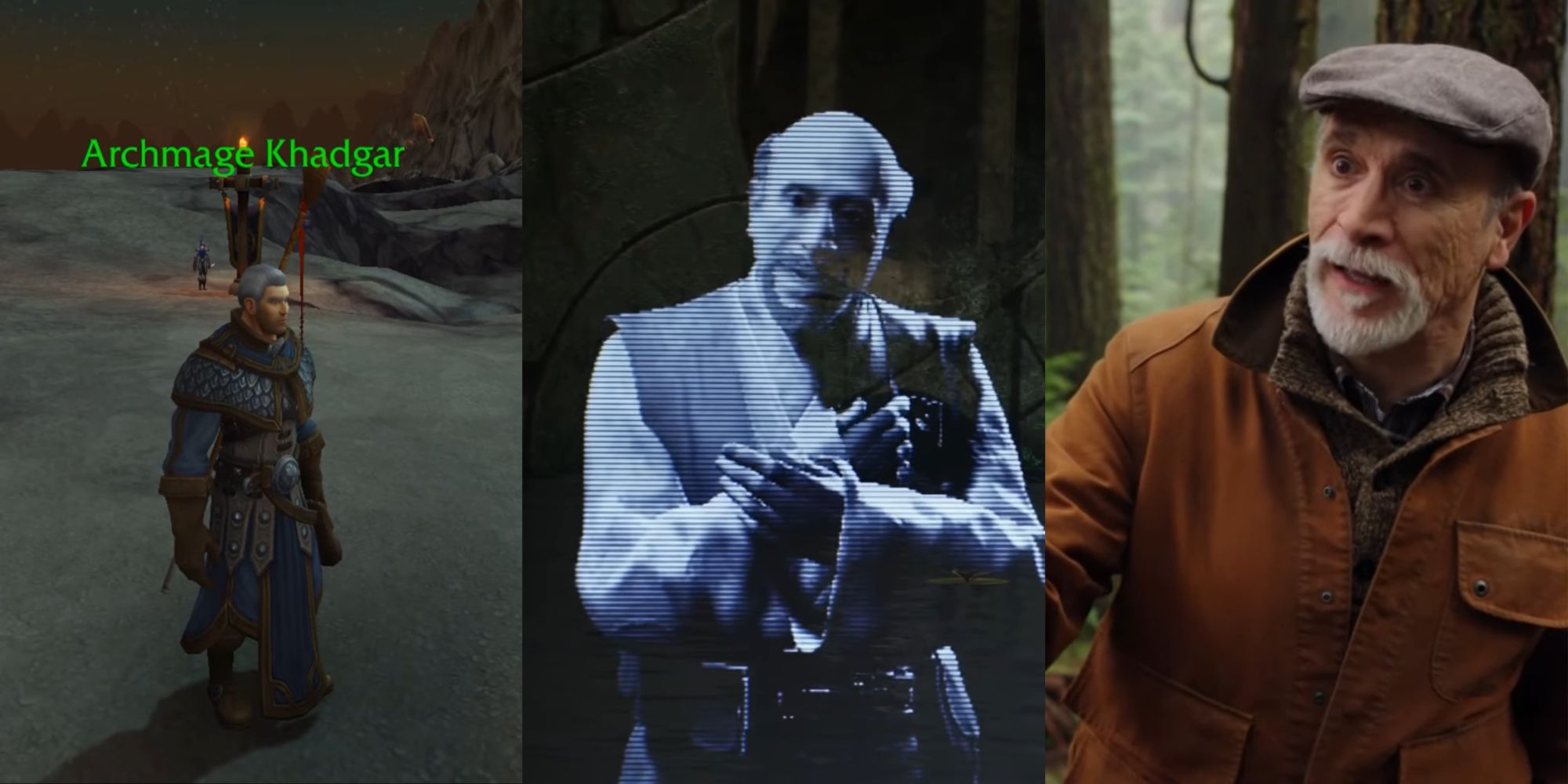 Split image collage of Tony Amendola's Warcraft character Archmage Khadgar, Eno Cordova speaking to Cal Kestis, and Marco/Geppetto in the woods in Once Upon a Time.