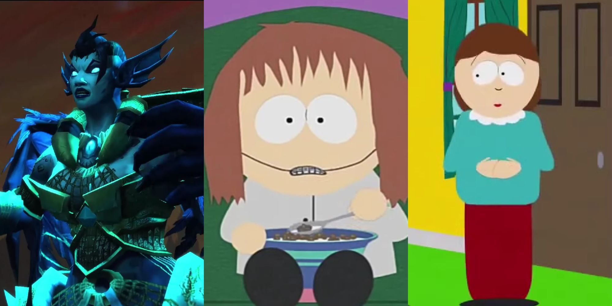 Split images of April Stewart as Helya in World of Warcraft, Shelly Marsh in South Park, and Cartman's mom in South Park.