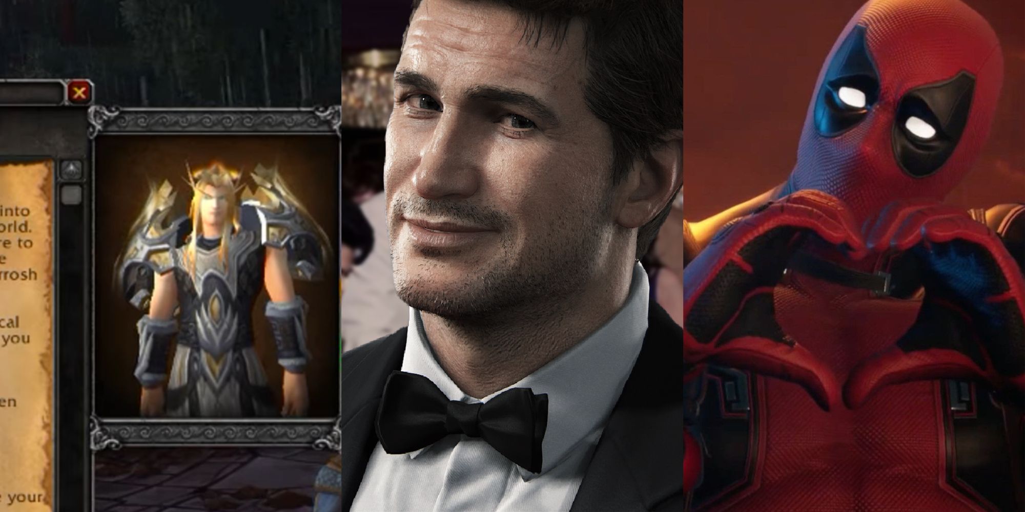A split image collage of a character card of Kairoz in Warcraft, Nolan North's Nathan Drake in a tuxedo in Uncharted 4, and Deadpool making a heart-shape with his hands in Midnight Suns.