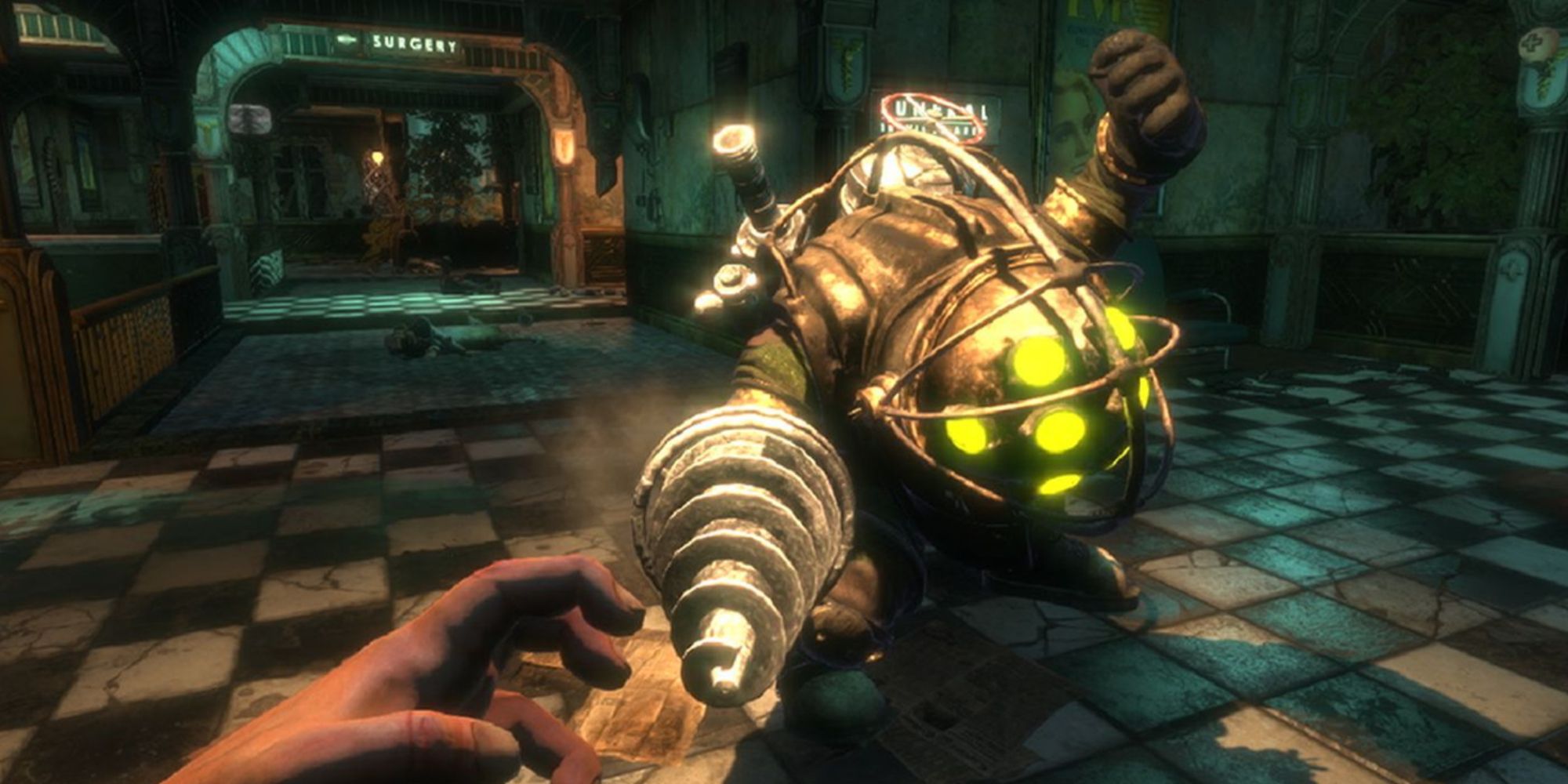 A screenshot of the player fighting against a Big Daddy in BioShock.