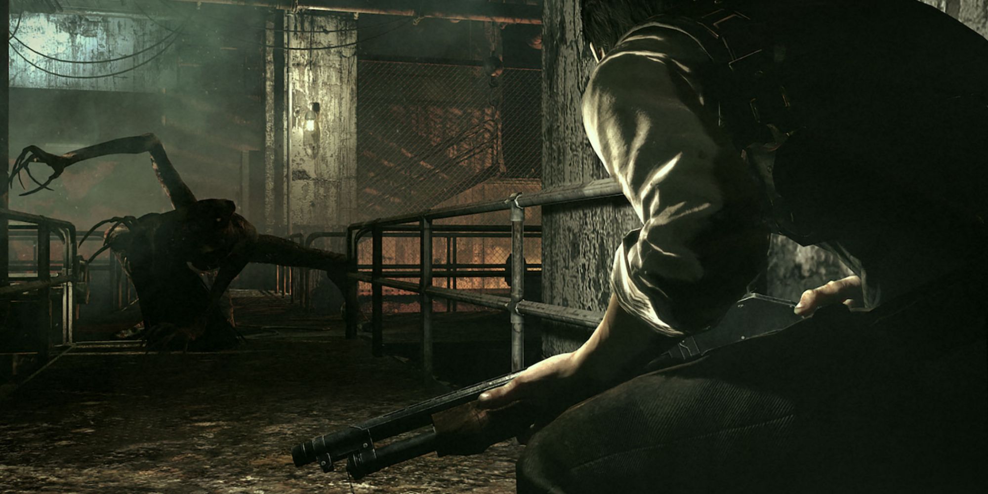 screenshot of the player in the evil within holding a shotgun to laura
