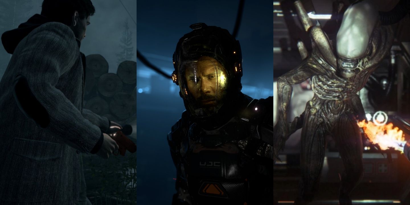 a three way collage of alan wake, jacob lee, and the xenomorph