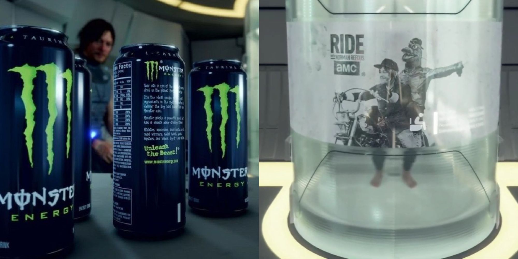 A split image of a camera close-up of various Monster Energy cans and Sam Bridges staring at them, and the poster for Ride with Norman Reedus on the bathroom pod.