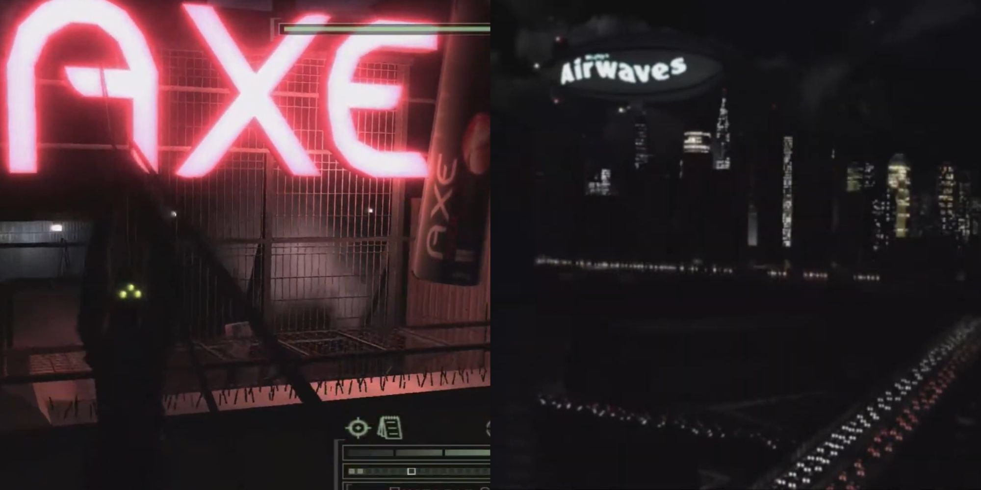 A split image photo of Sam Fisher ziplining off a building with a giant Axe neon sign in the background, and a blimp with the Airwaves logo over the skyline in black and white.