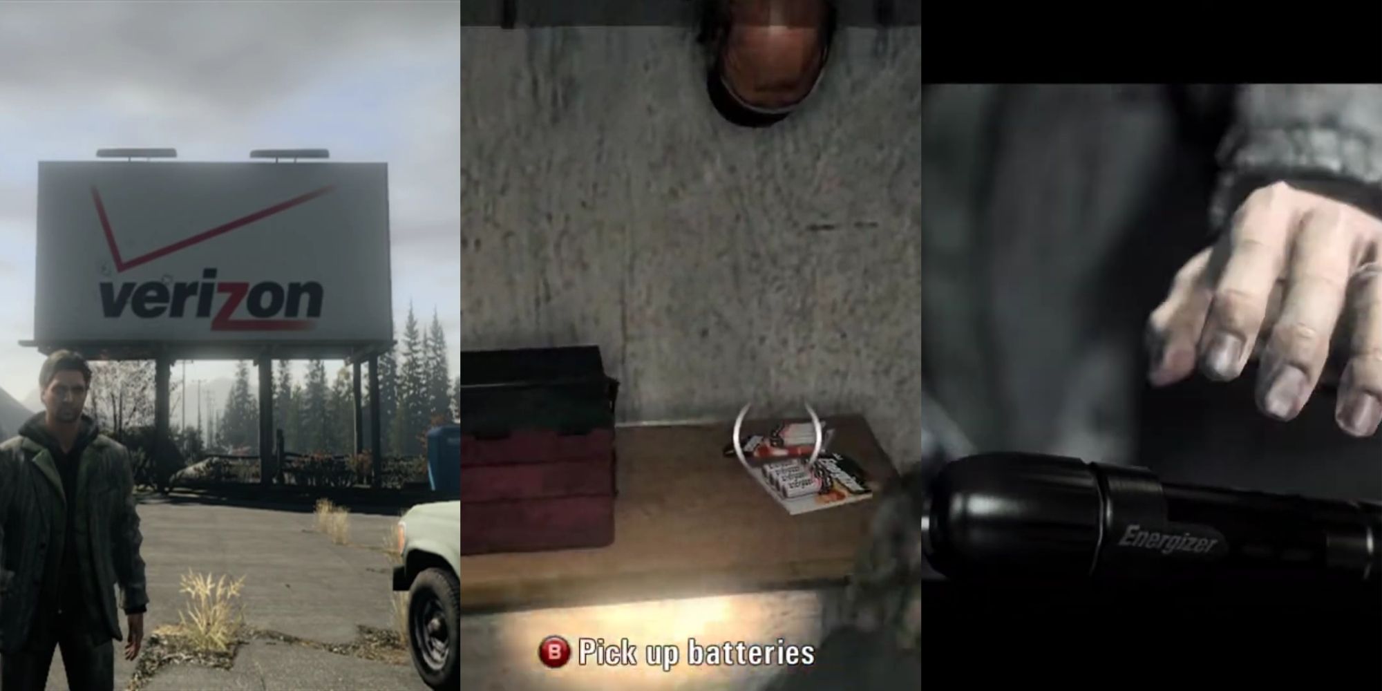 A three-image collage of Alan Wake standing in front of a Verizon Wireless billboard, a pack of Energizer batteries on top of a drawer, and Alan reaching for his Energizer flashlight.